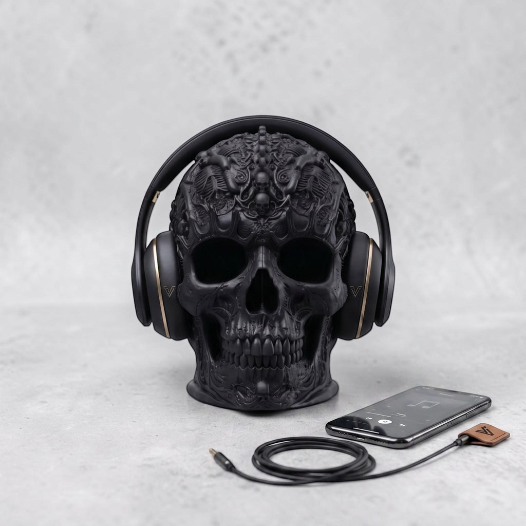 Happy3dWorld matte black gothic skull headphone stand with intricate baroque carvings holding over-ear headphones.