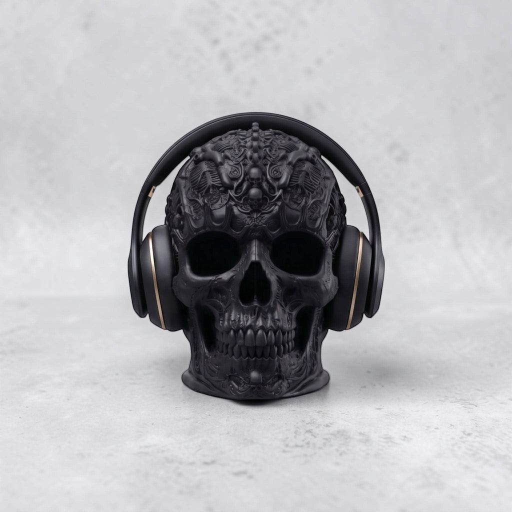 Happy3dWorld matte black gothic skull headphone stand with intricate baroque carvings holding over-ear gaming headset.
