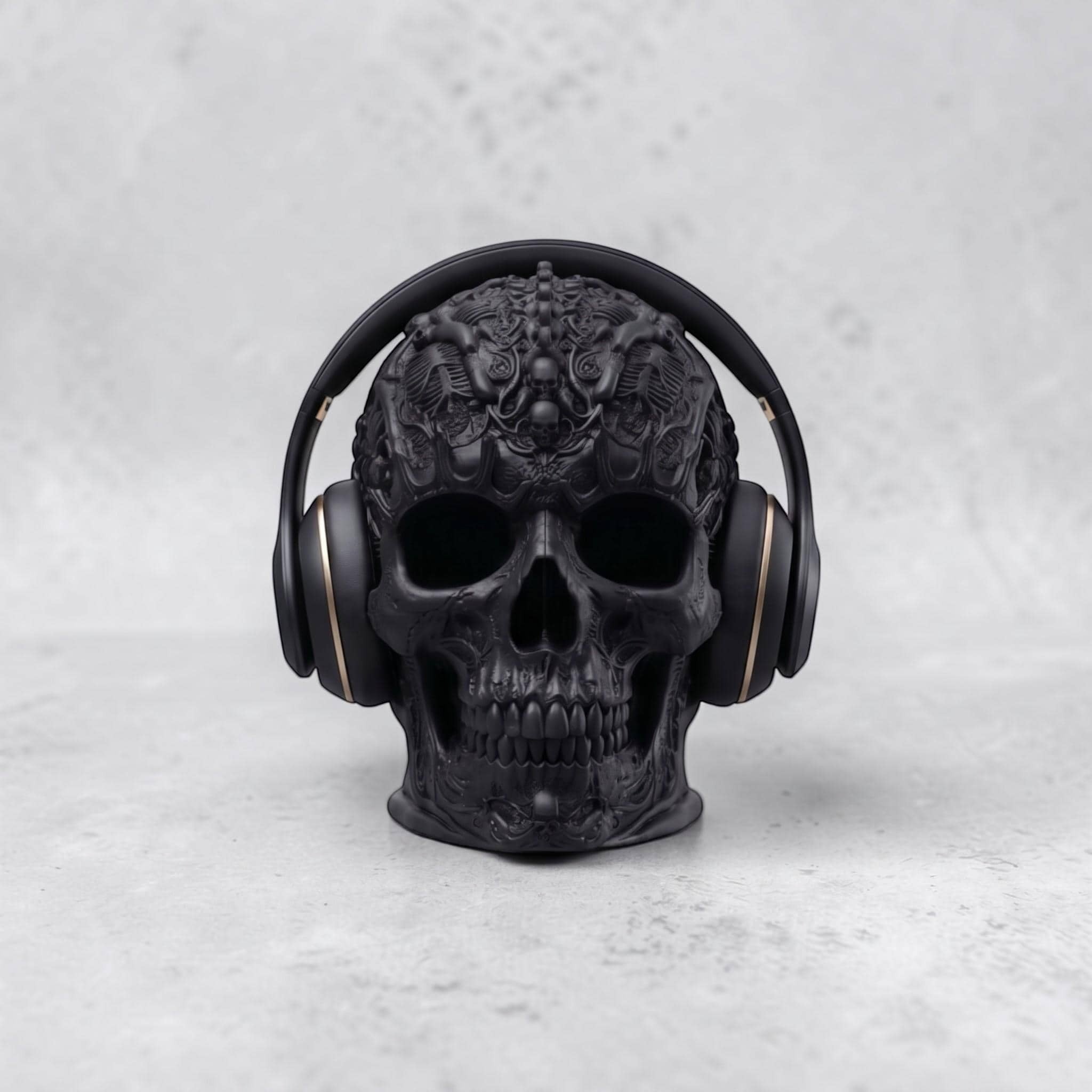 Happy3dWorld matte black gothic skull headphone stand with intricate baroque carvings holding over-ear gaming headset.