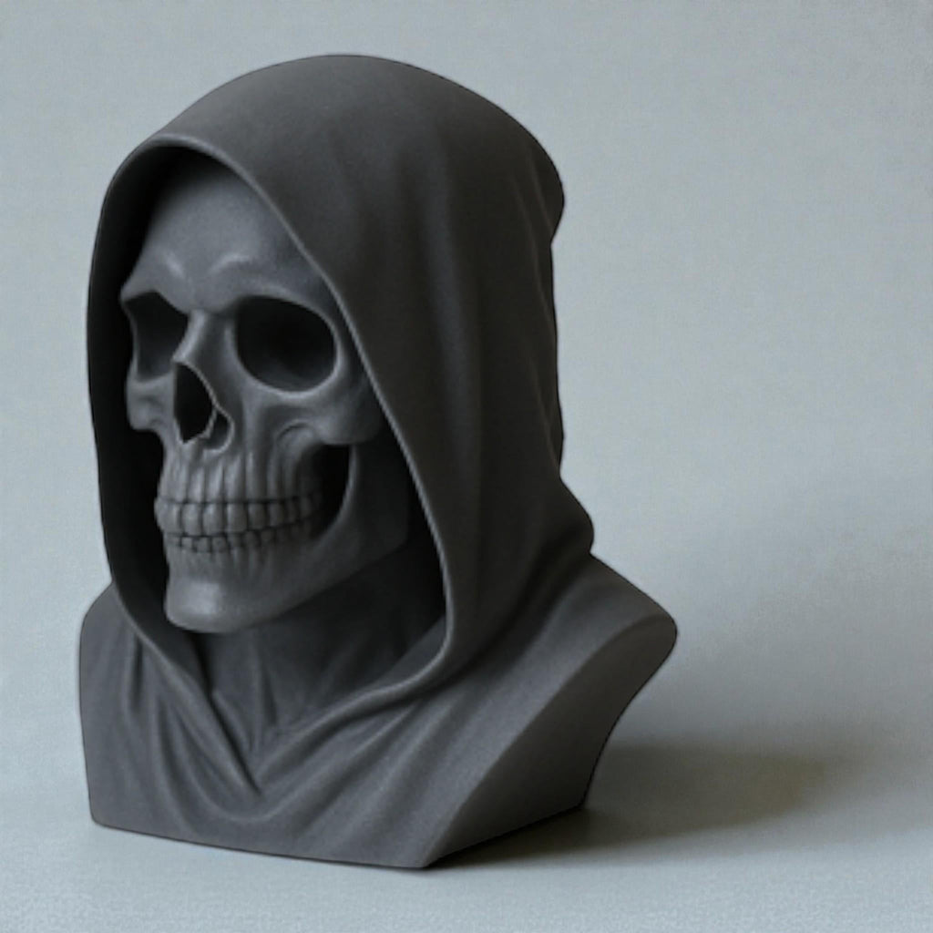 Happy3dWorld matte black death angel skull headphone stand with a hooded gothic design for gaming desk decor.