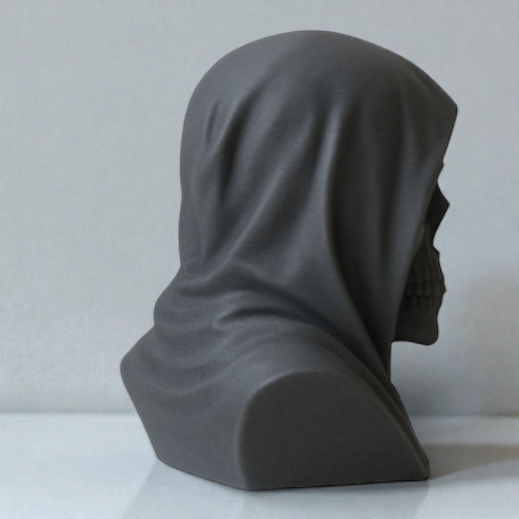 Happy3dWorld matte black death angel skull headphone stand with a hooded bust design for gothic gaming desk decor.