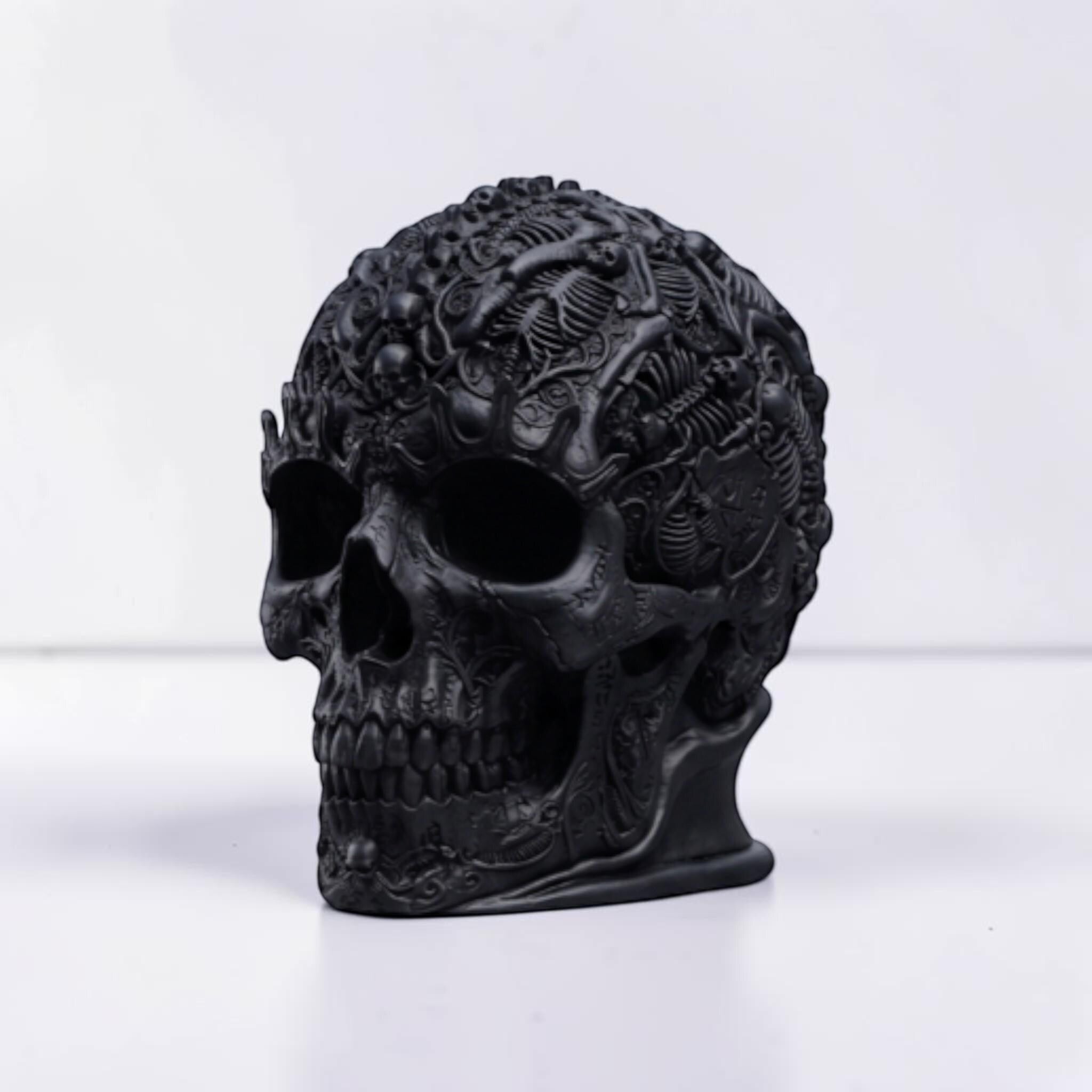 Happy3dWorld matte black gothic skull headphone stand with intricate baroque carvings for gaming or studio setups