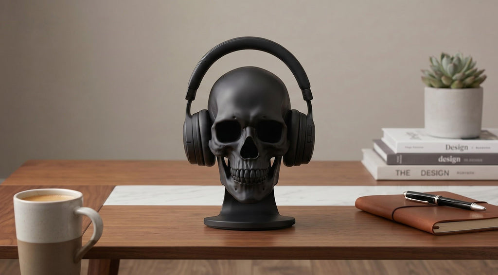 Skull Headset Stand – Anatomical Gaming Desktop Organizer & Gothic Room Decor