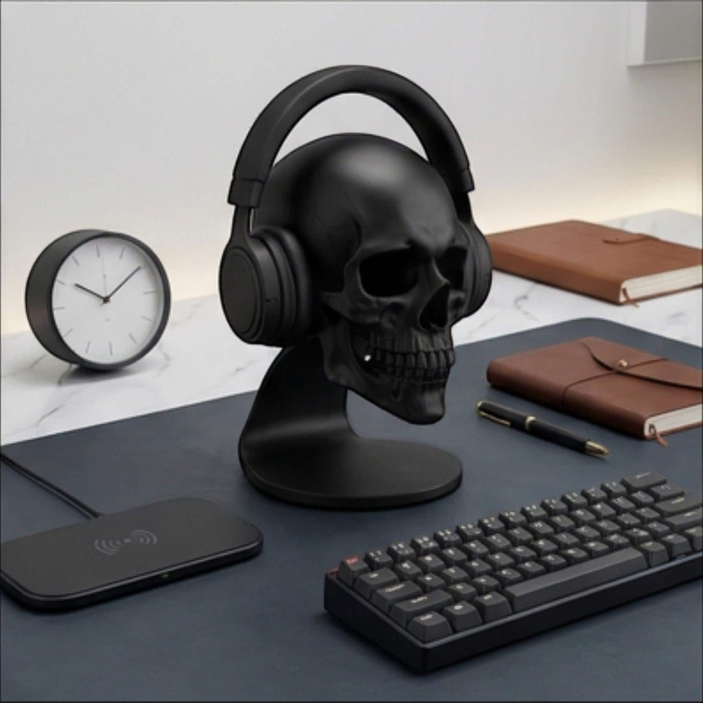 Skull Headset Stand – Anatomical Gaming Desktop Organizer & Gothic Room Decor