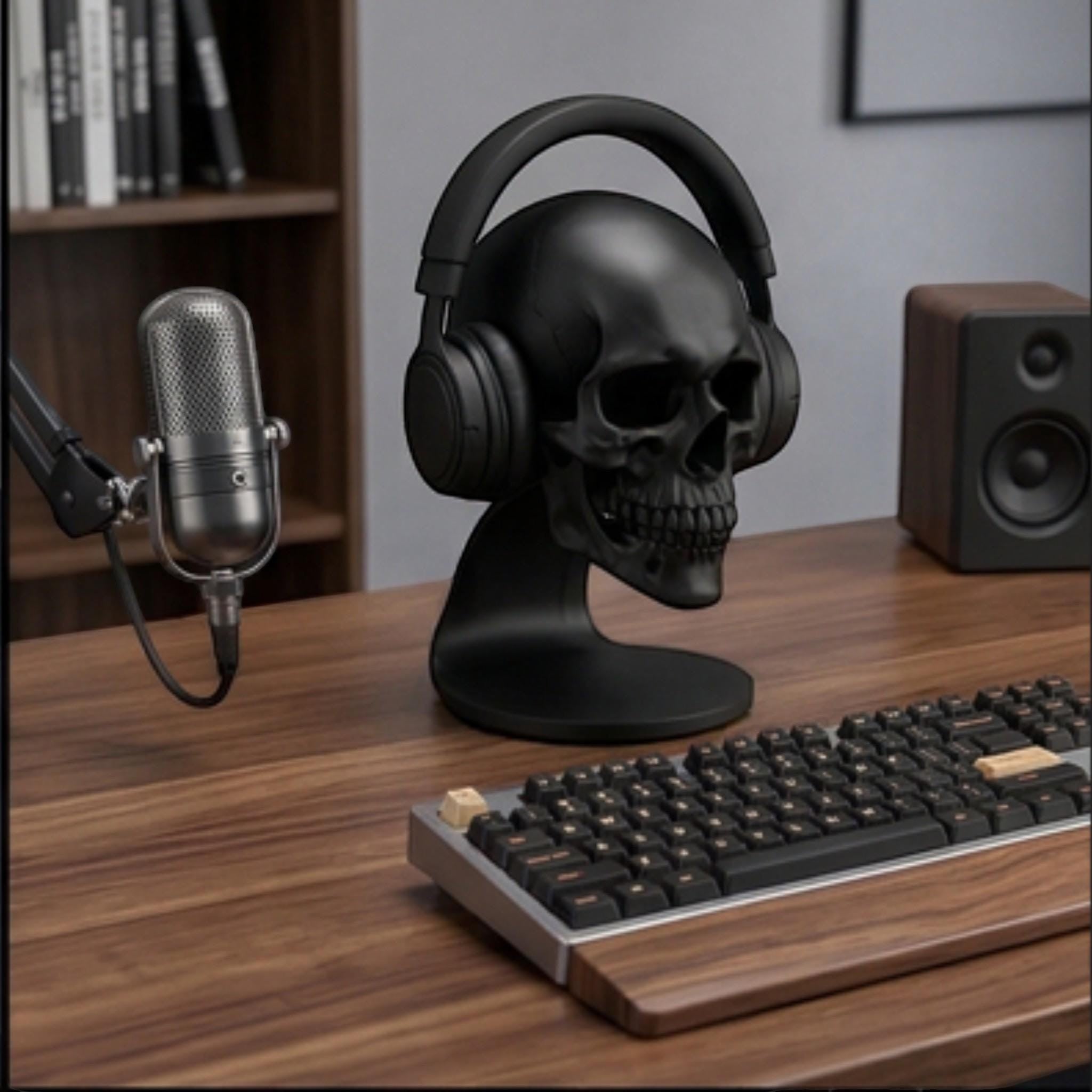 Skull Headset Stand – Anatomical Gaming Desktop Organizer & Gothic Room Decor