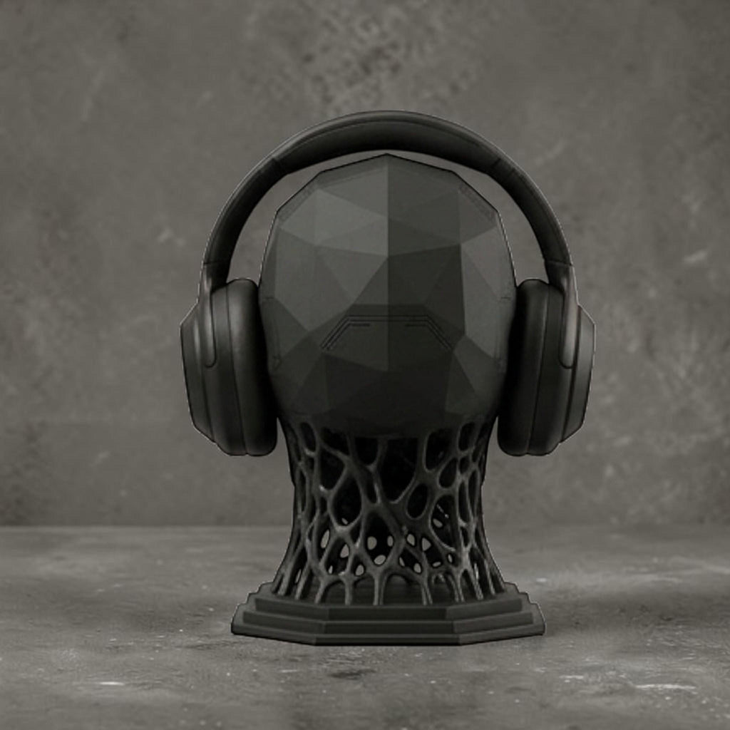 Happy3dWorld matte black mechanical skull headphone stand with a geometric design and bio-mechanical base.