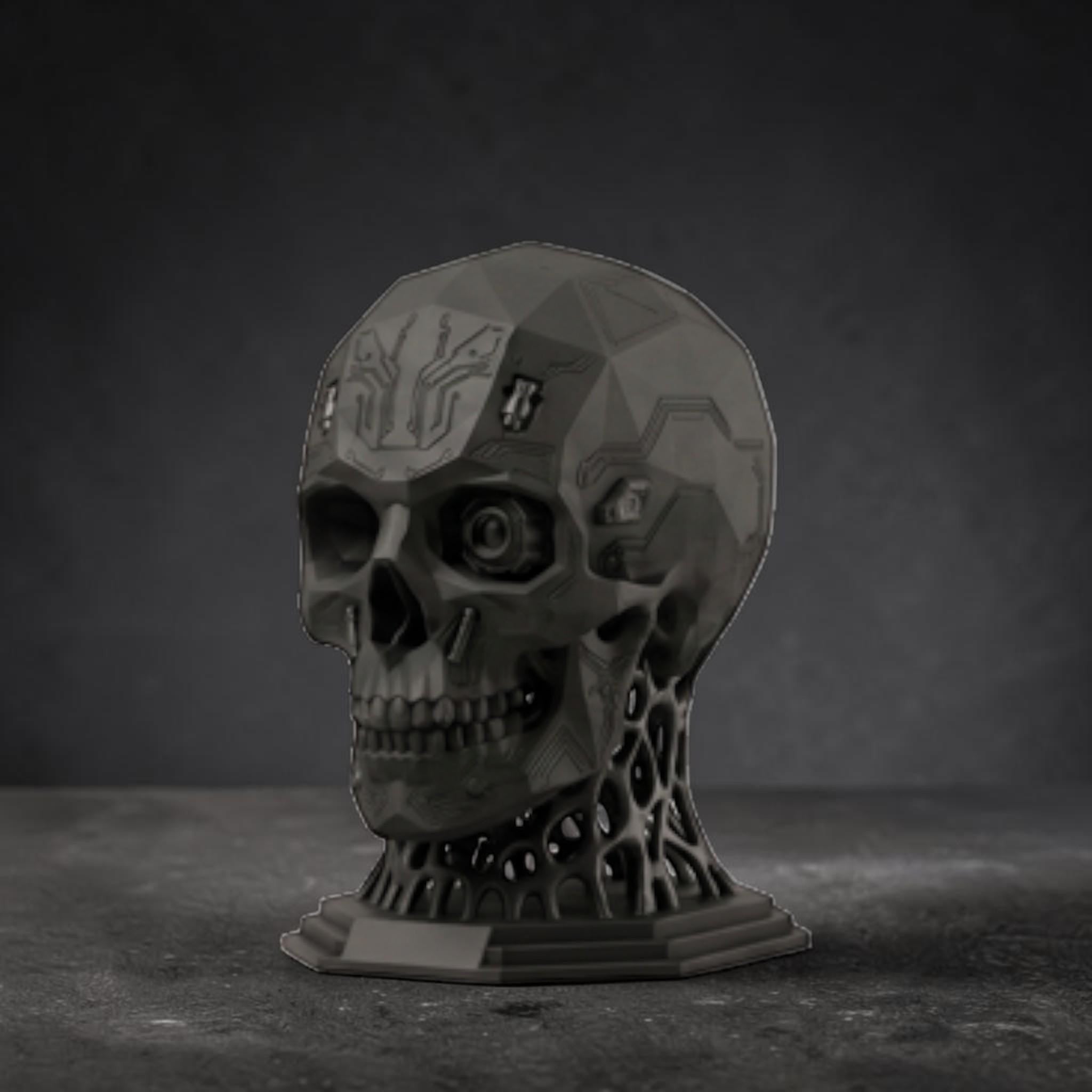 Happy3dWorld matte black mechanical skull headphone stand with intricate cybernetic details and a bio-mechanical base.