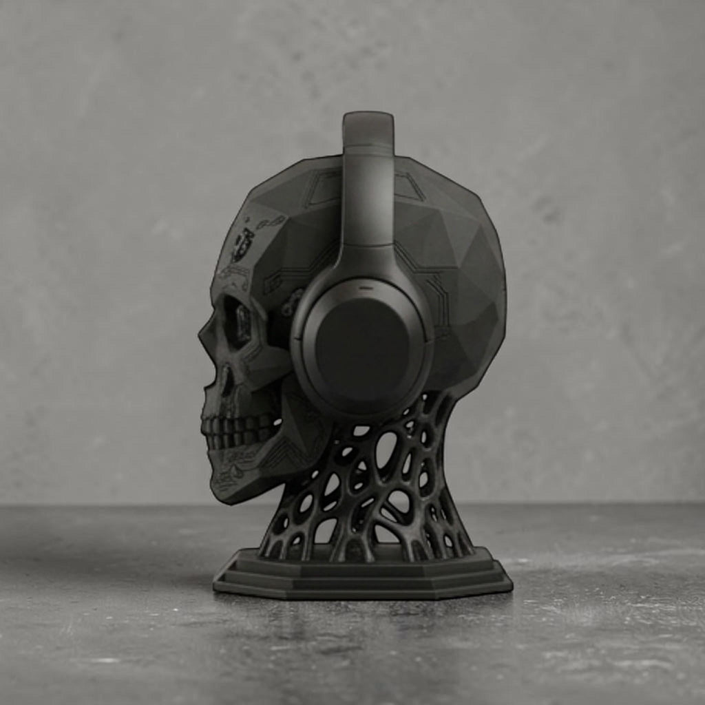 Happy3dWorld matte black mechanical skull headphone stand with cybernetic design for gaming and studio setups
