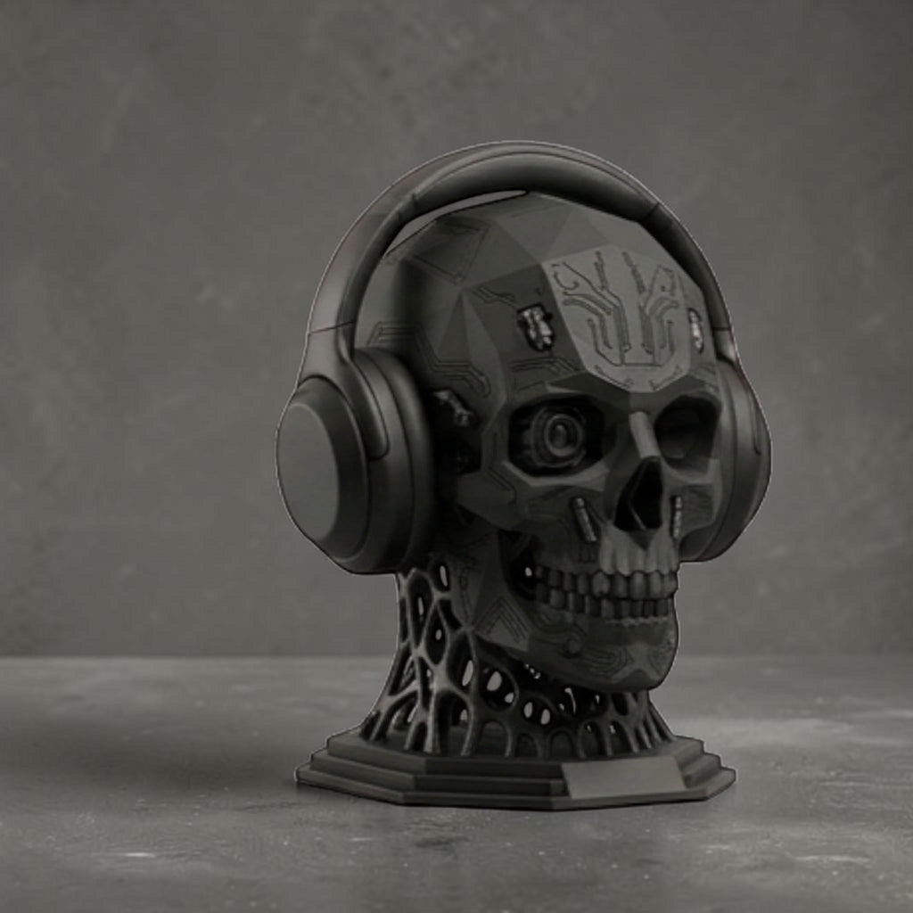Happy3dWorld matte black mechanical skull headphone stand with intricate cybernetic details and a bio-mechanical base.