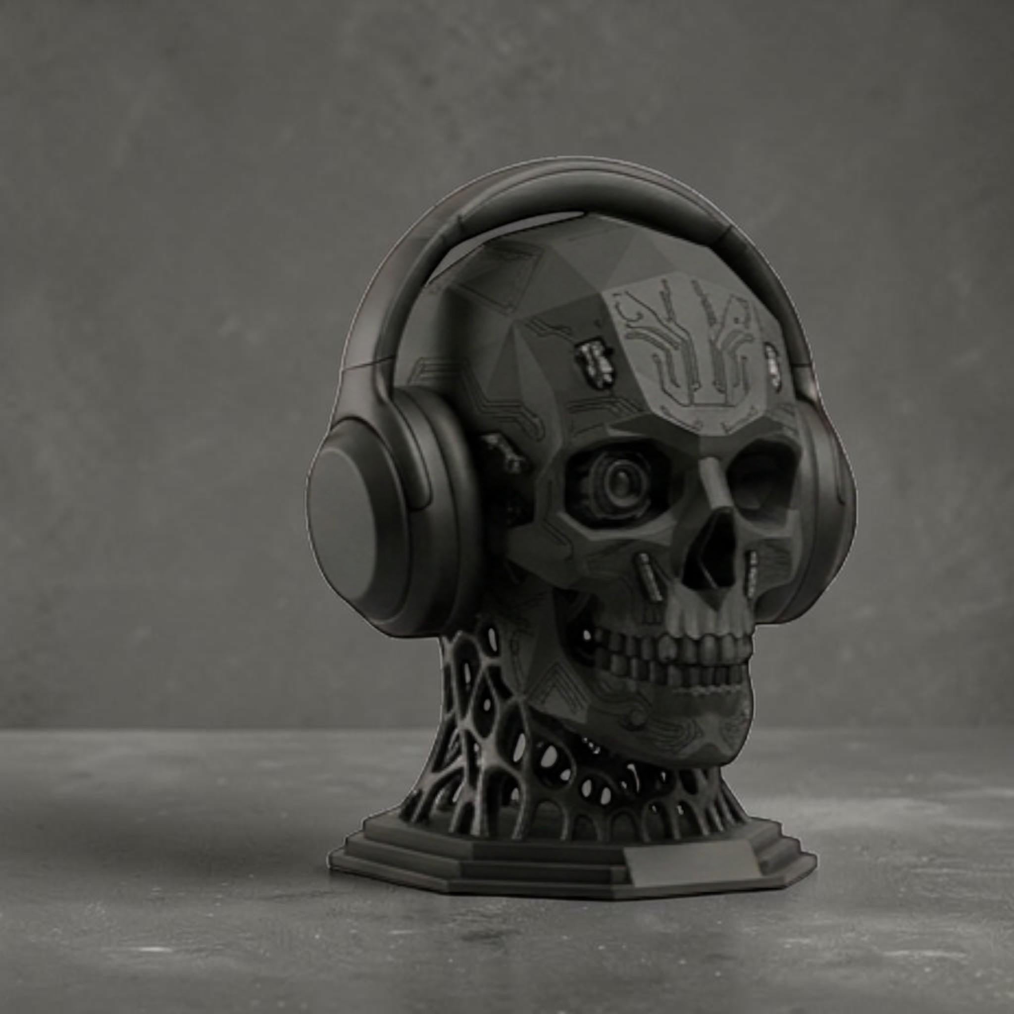 Happy3dWorld matte black mechanical skull headphone stand with intricate cybernetic details and a bio-mechanical base.