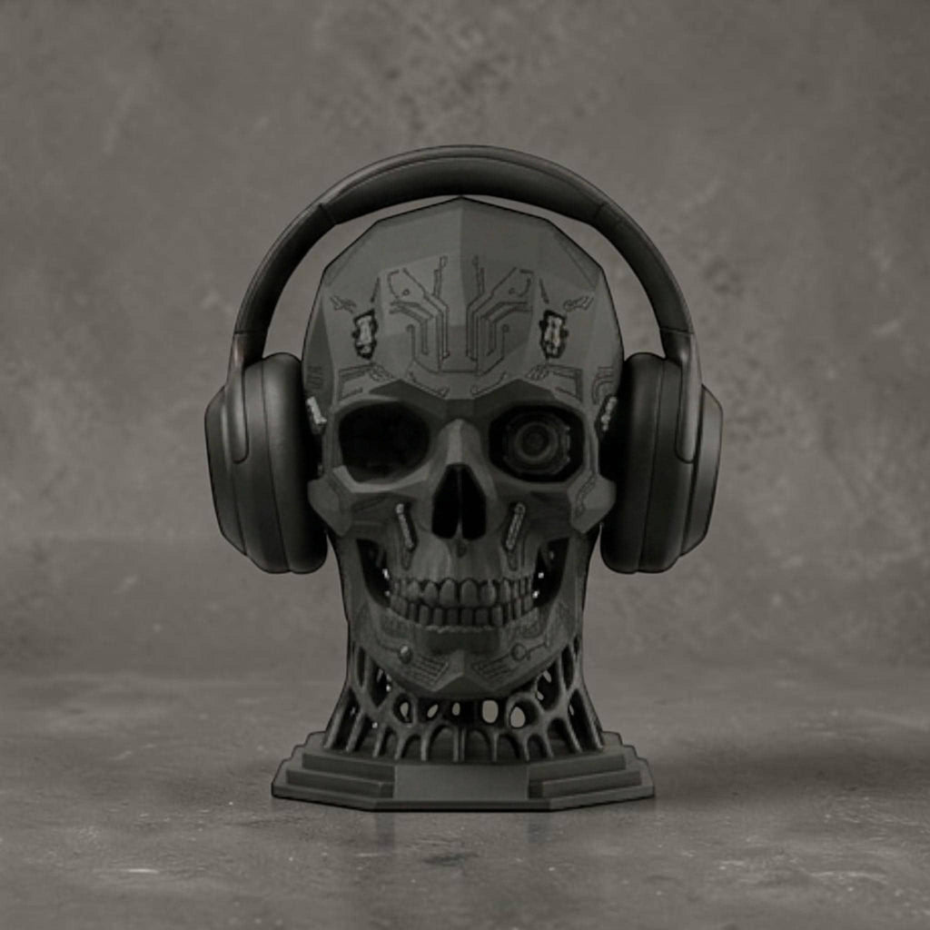 Happy3dWorld mechanical skull headphone stand in matte grey with cybernetic details for gaming desk decor.