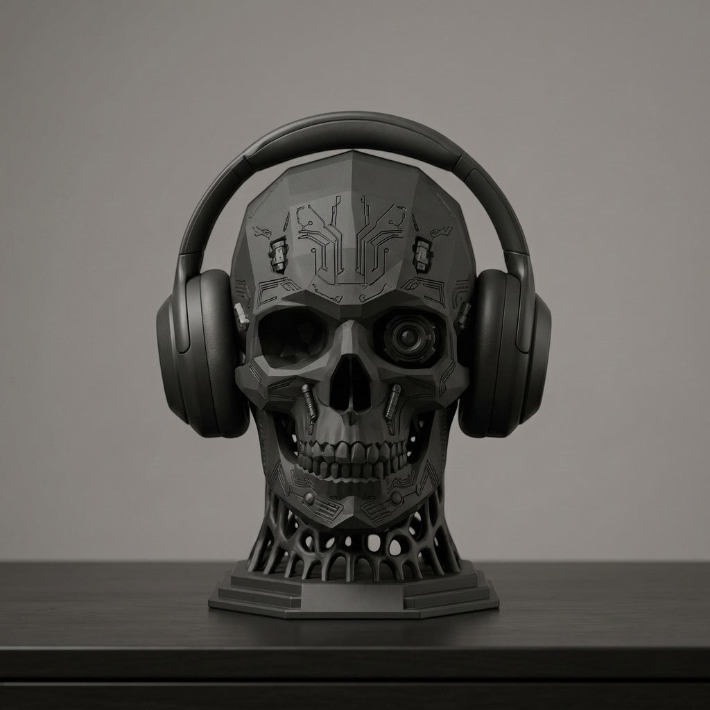 Happy3dWorld matte black mechanical skull headphone stand with intricate cybernetic details and over-ear headset.