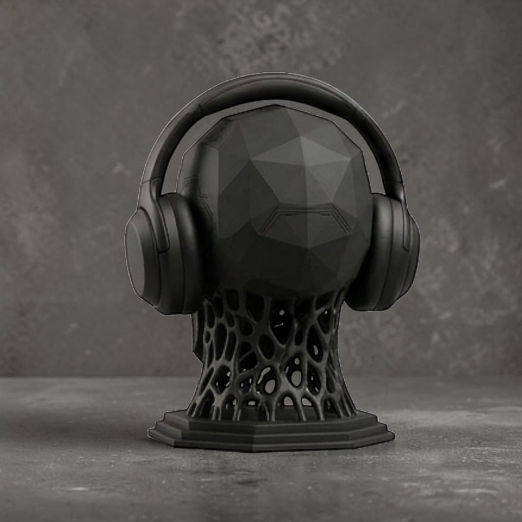 Happy3dWorld matte black mechanical skull headphone stand with geometric design and bio-mechanical base