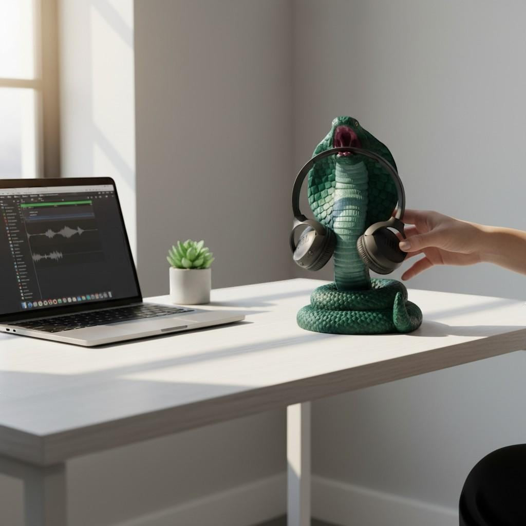 King Cobra Headphone Hanger – 3D Printed Metallic Green Snake Desk Decor