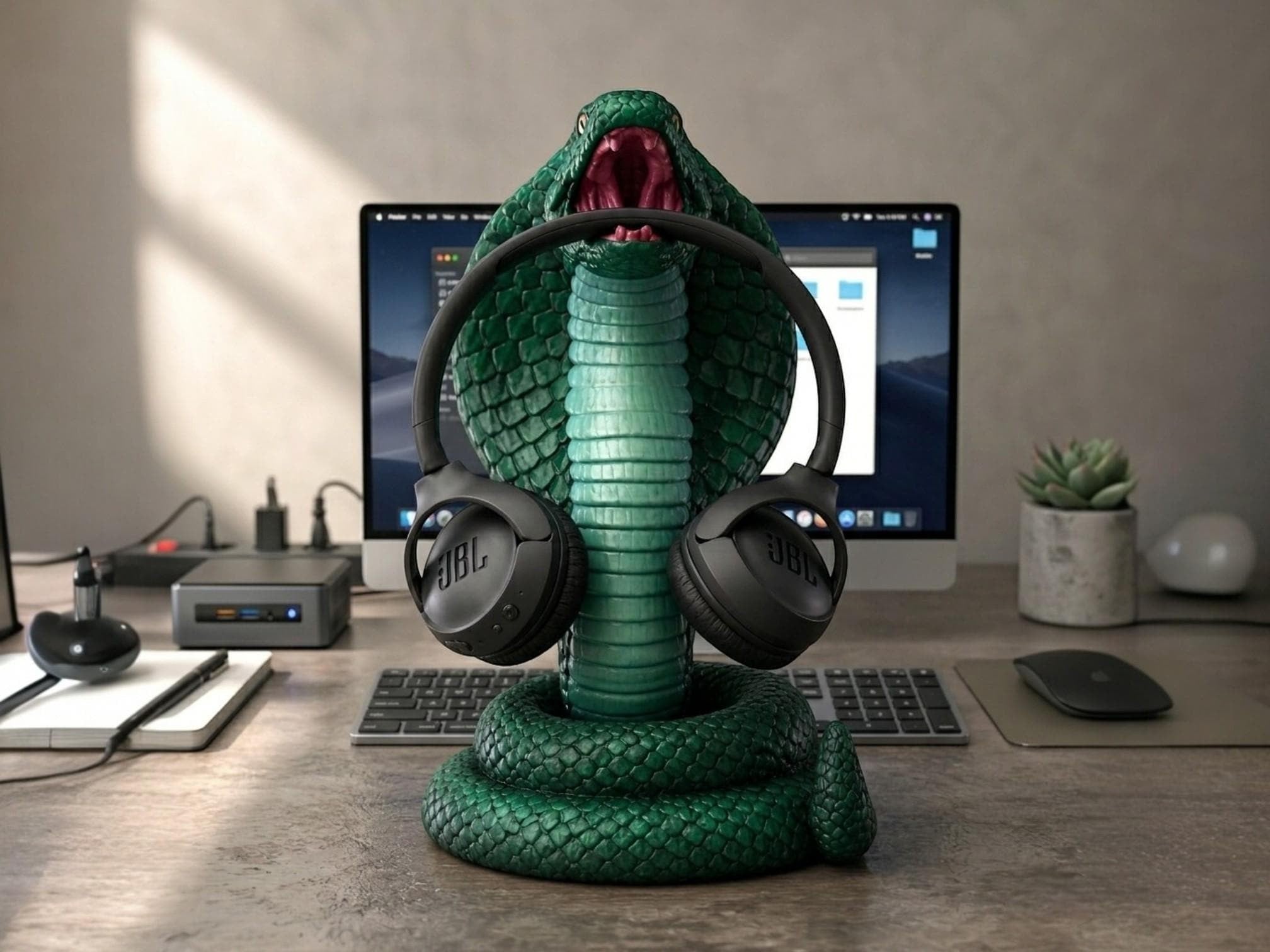 King Cobra Headphone Hanger – 3D Printed Metallic Green Snake Desk Decor