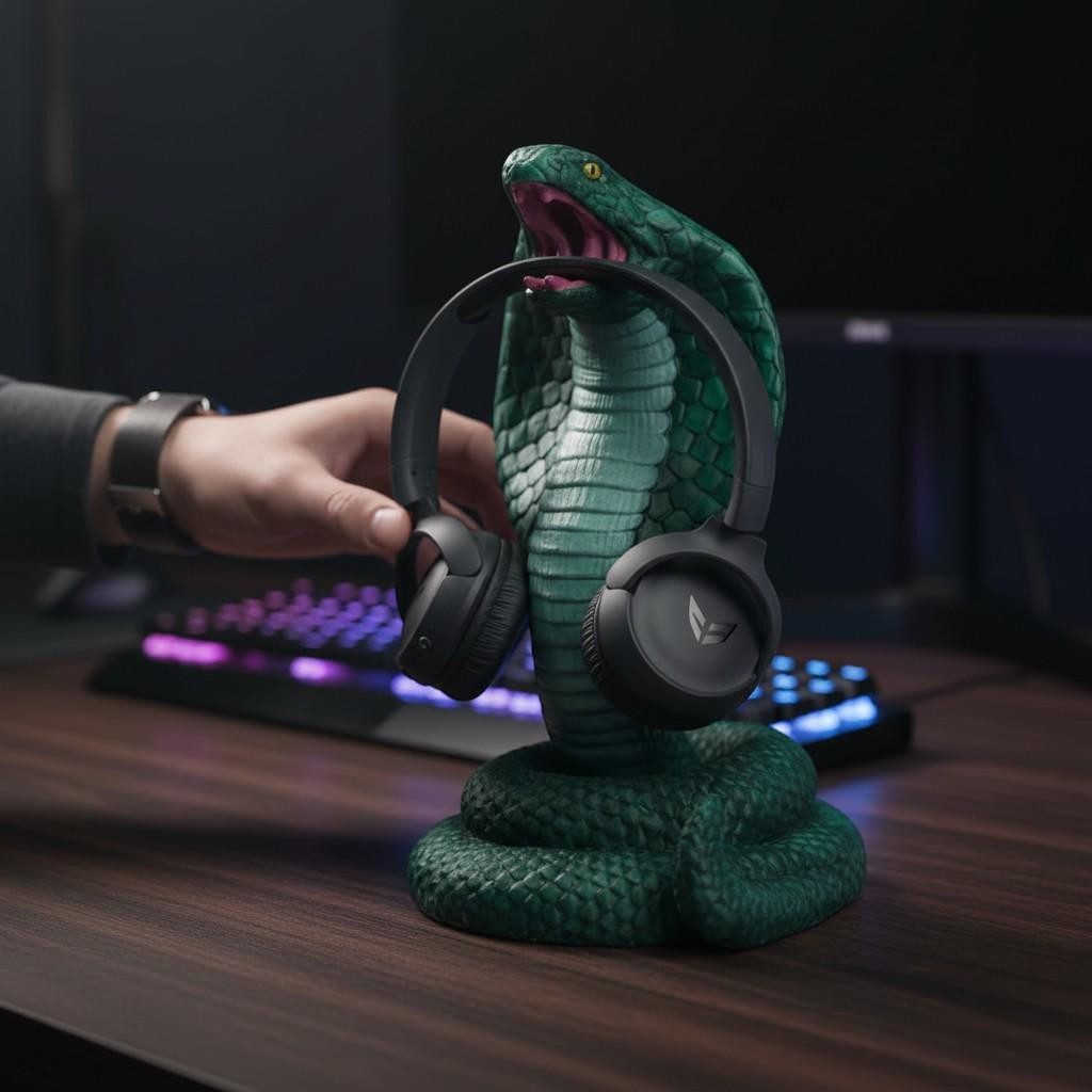 King Cobra Headphone Hanger – 3D Printed Metallic Green Snake Desk Decor