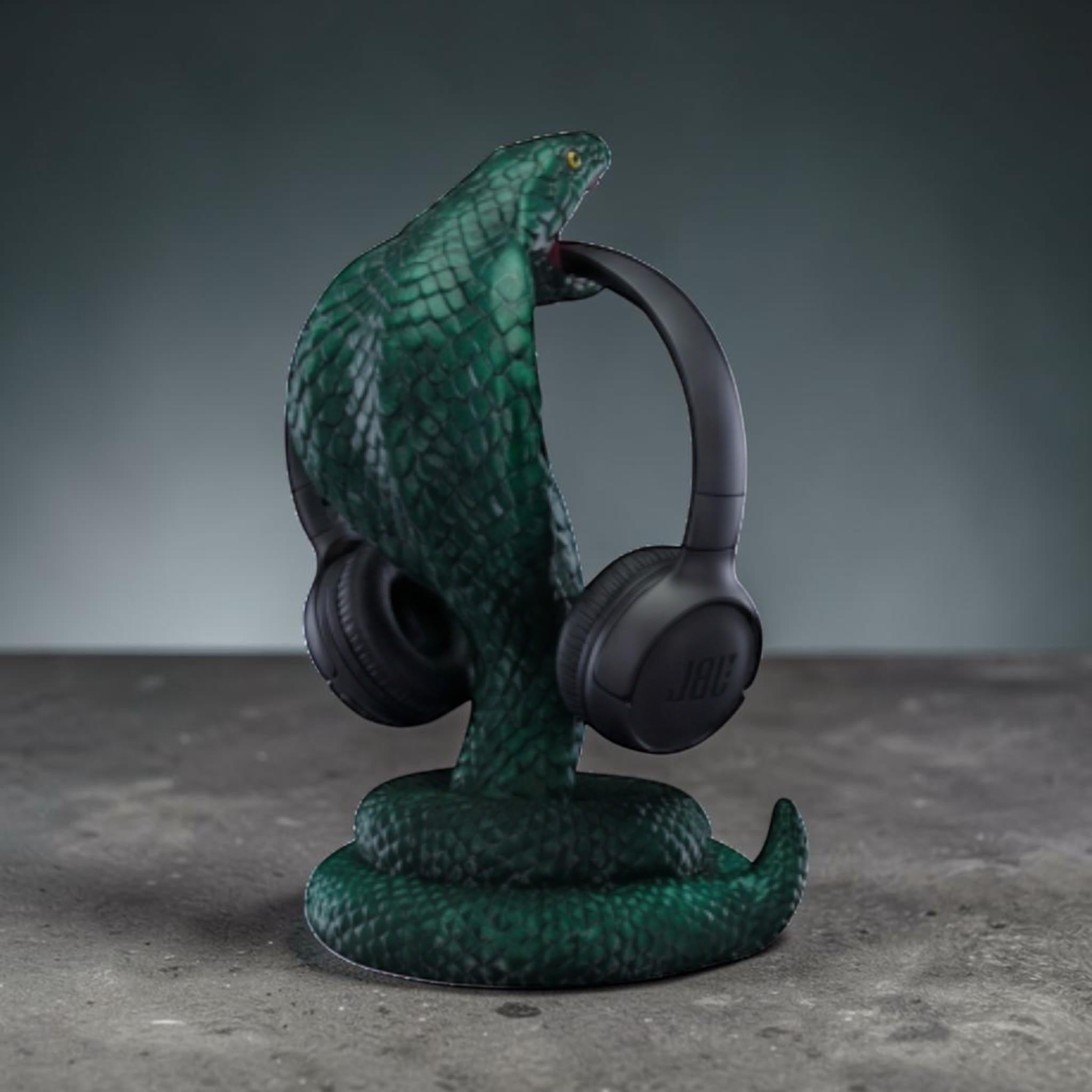 King Cobra Headphone Hanger – 3D Printed Metallic Green Snake Desk Decor