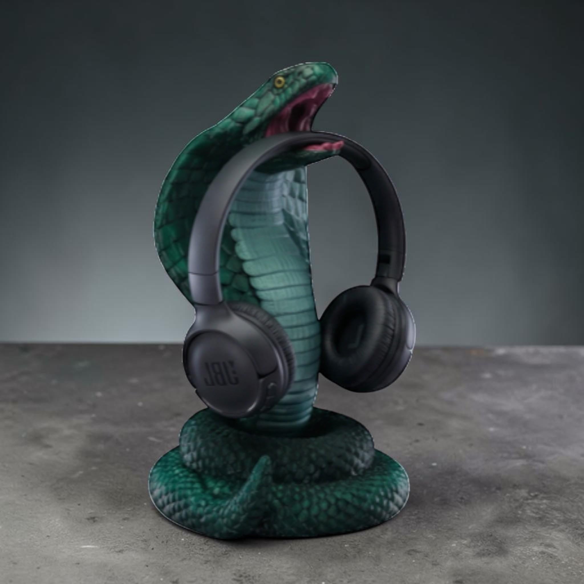 King Cobra Headphone Hanger – 3D Printed Metallic Green Snake Desk Decor