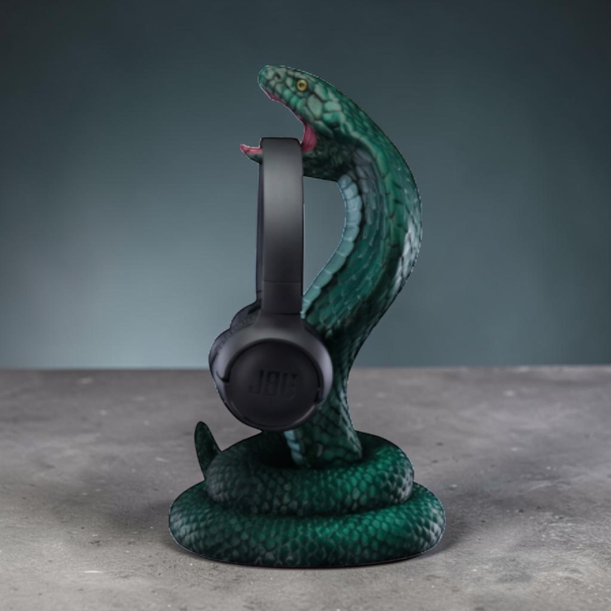 King Cobra Headphone Hanger – 3D Printed Metallic Green Snake Desk Decor