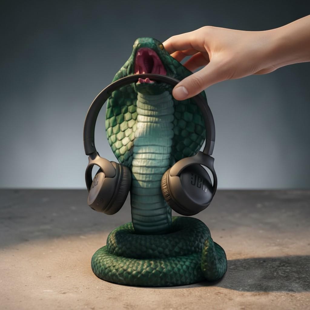 King Cobra Headphone Hanger – 3D Printed Metallic Green Snake Desk Decor