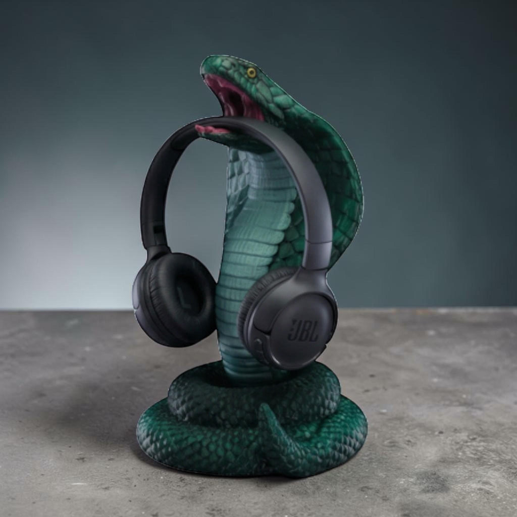 King Cobra Headphone Hanger – 3D Printed Metallic Green Snake Desk Decor