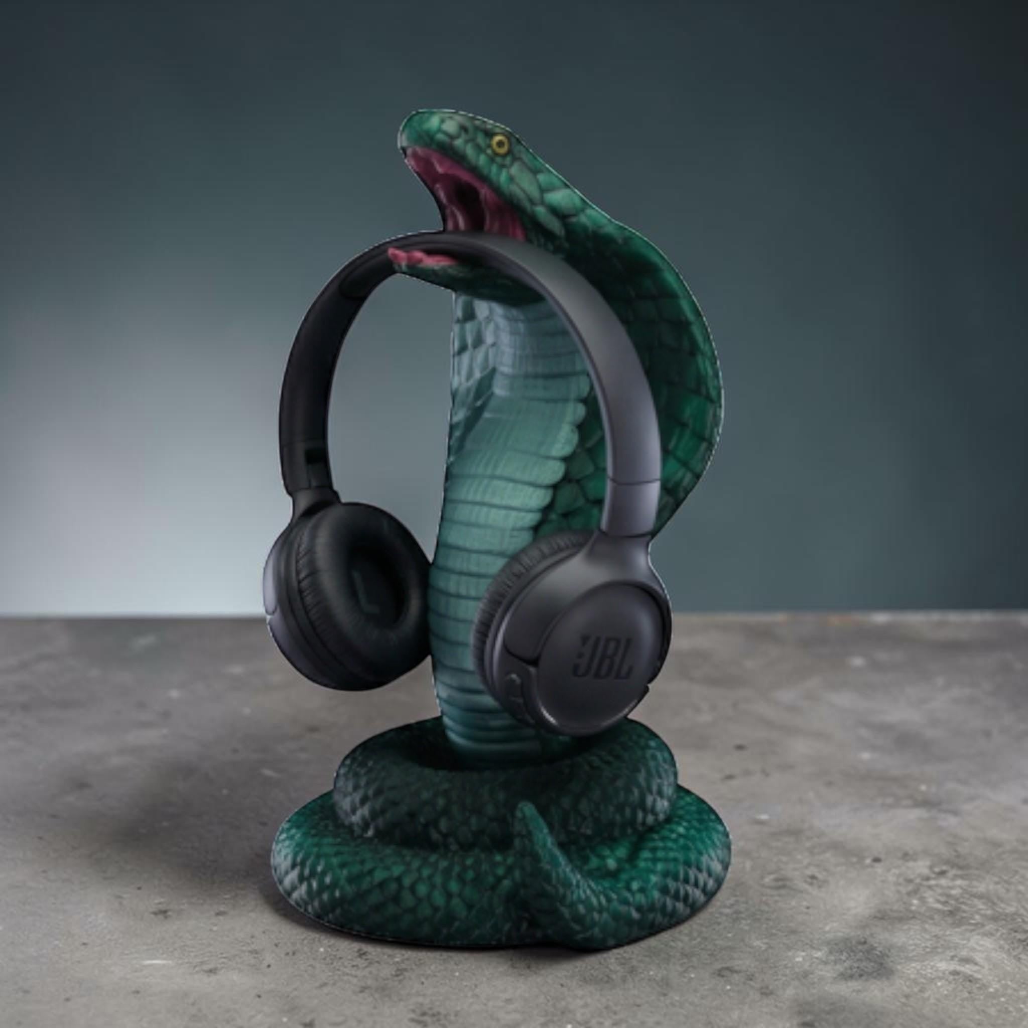 King Cobra Headphone Hanger – 3D Printed Metallic Green Snake Desk Decor