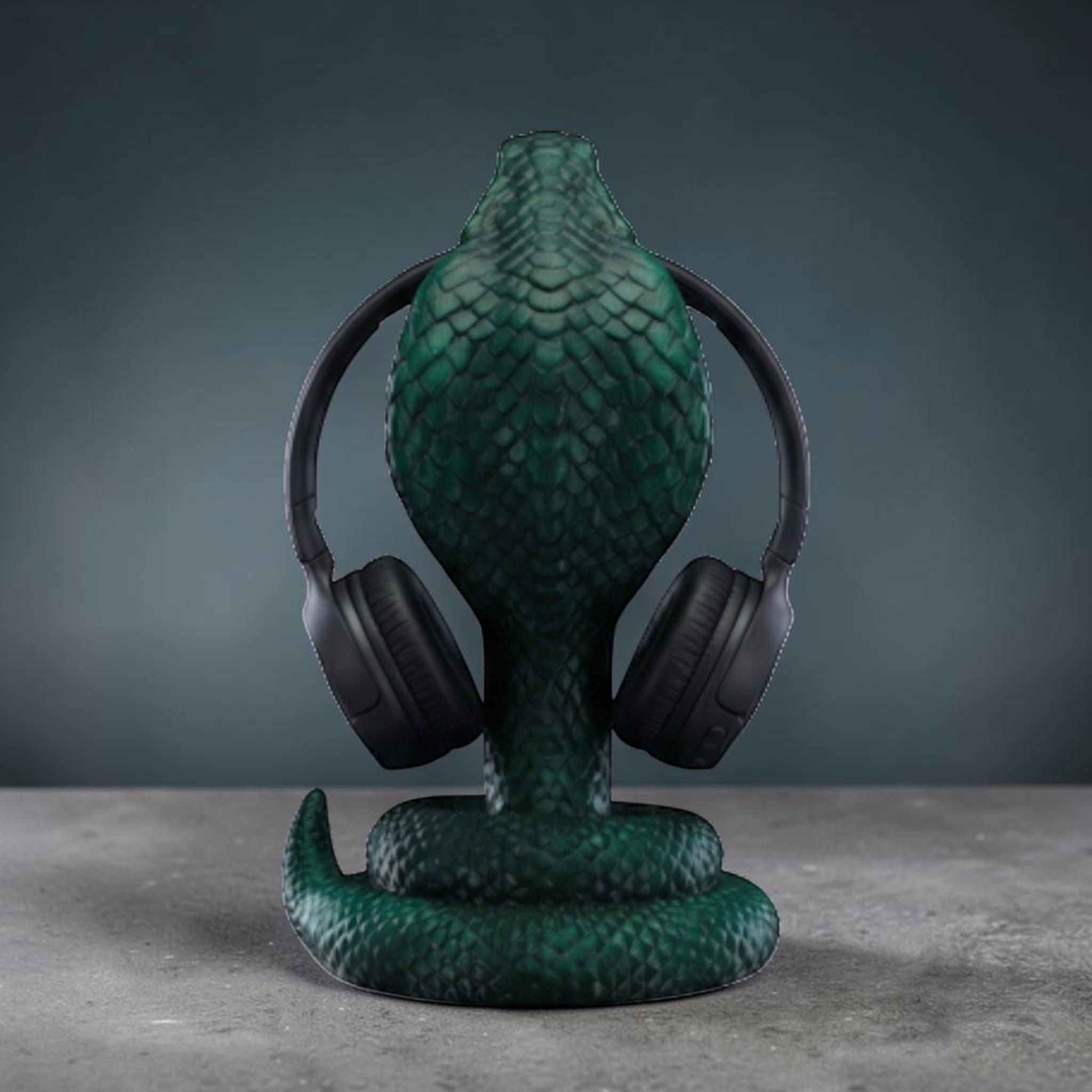King Cobra Headphone Hanger – 3D Printed Metallic Green Snake Desk Decor