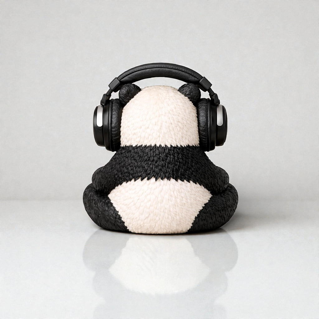 Happy3dWorld black and white 3D printed panda headphone stand holding black over-ear gaming headset from behind