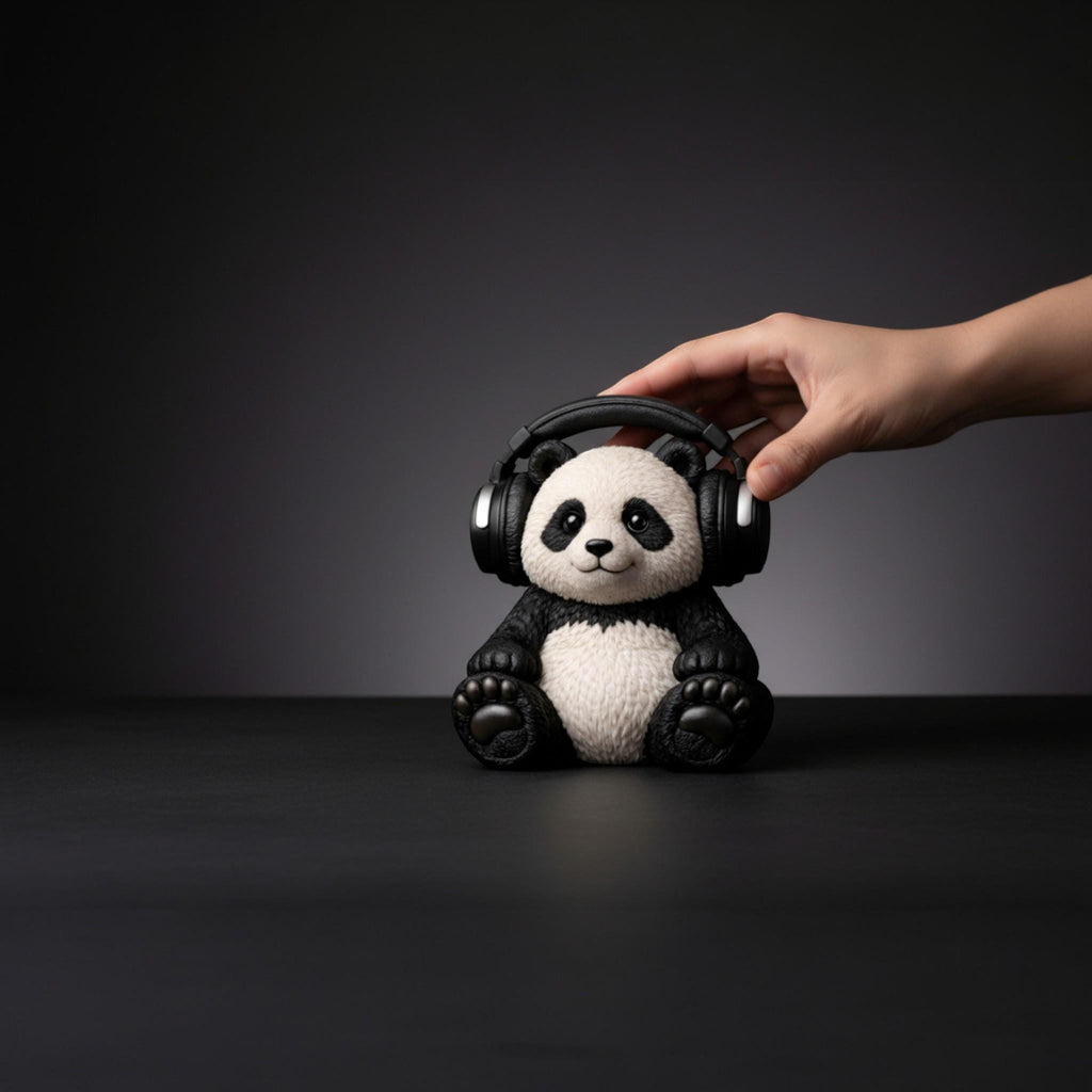 Happy3dWorld 3D printed black and white panda headphone stand holding a gaming headset on a dark desk