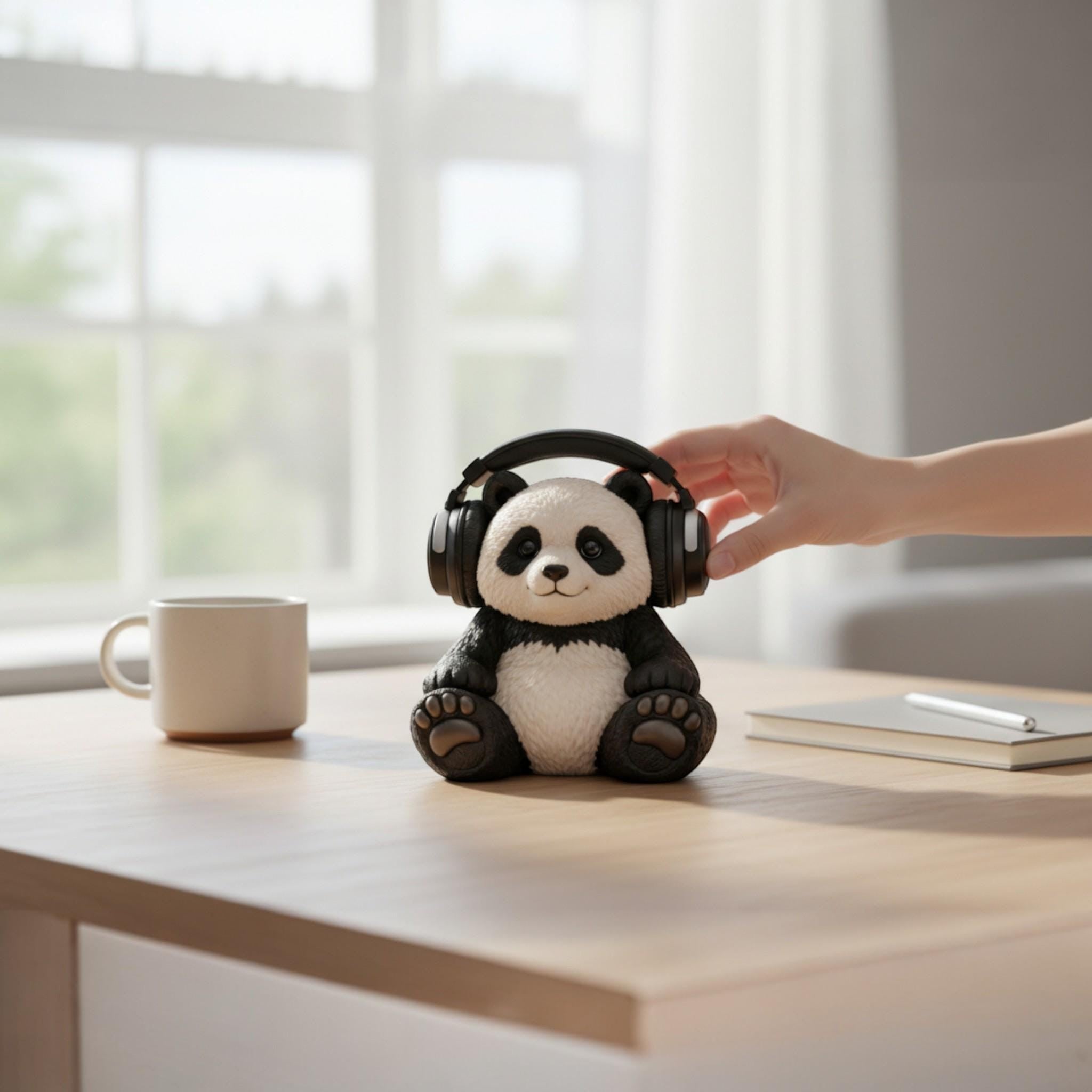 Happy3dWorld panda headphone stand made of 3D printed bioplastic, holding black gaming headset on a wooden desk.