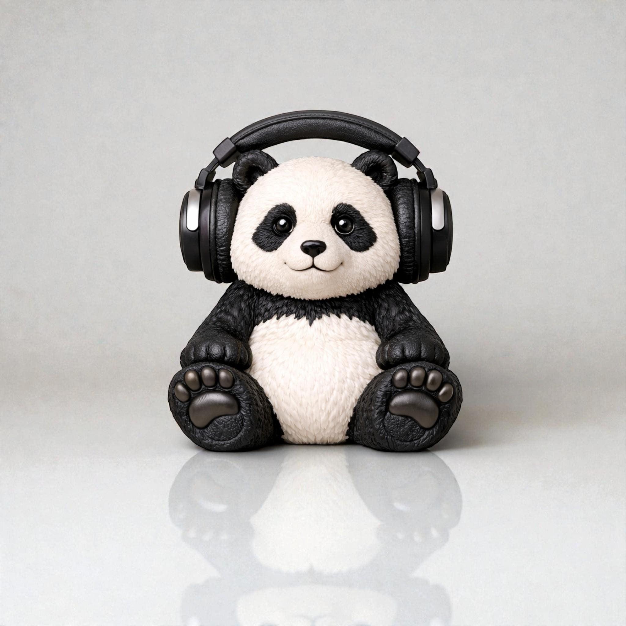 Happy3dWorld 3D printed panda headphone stand in black and white, featuring a cute bear design for gaming headsets.