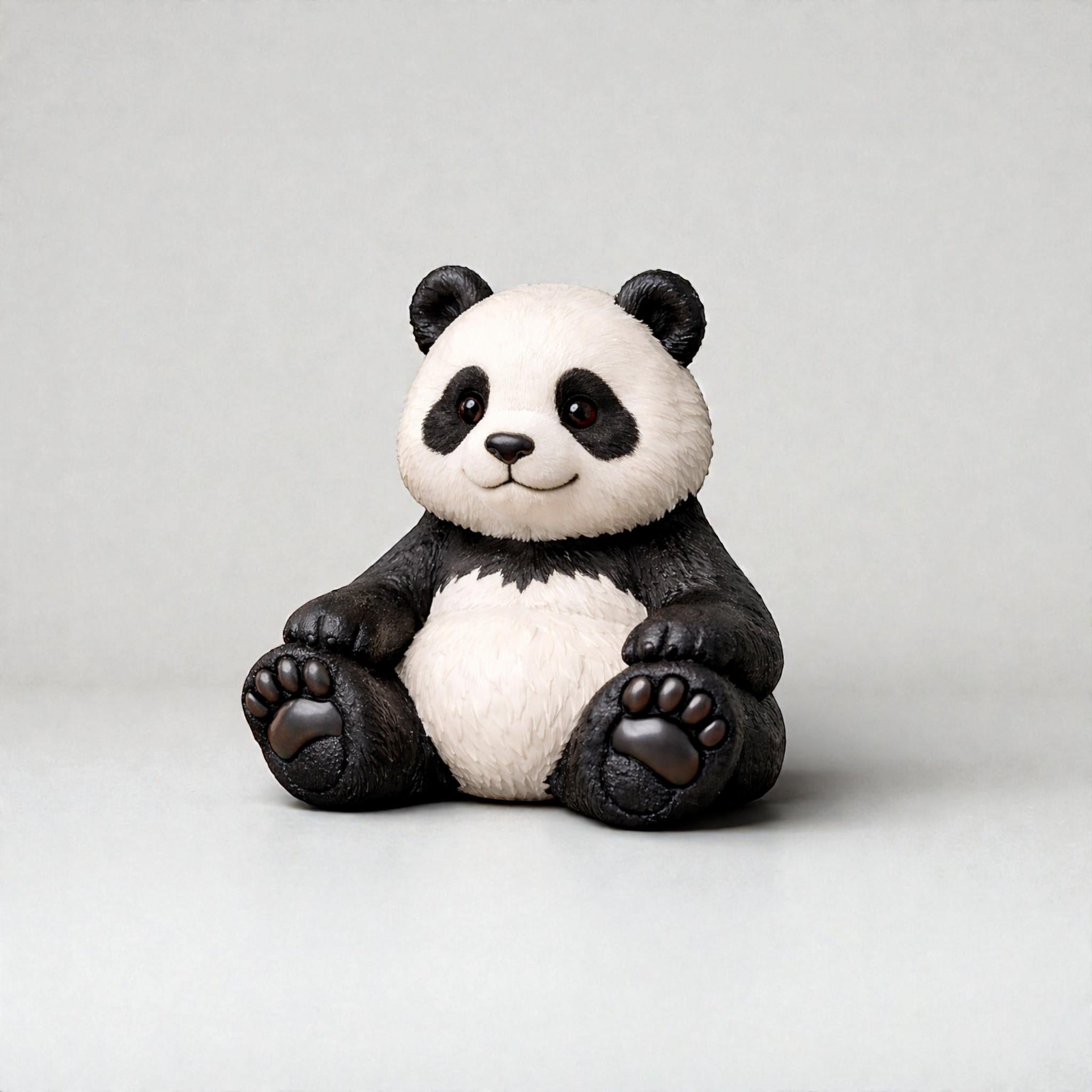 Happy3dWorld 3D printed panda headphone stand made of black and white bioplastic with detailed fur texture.