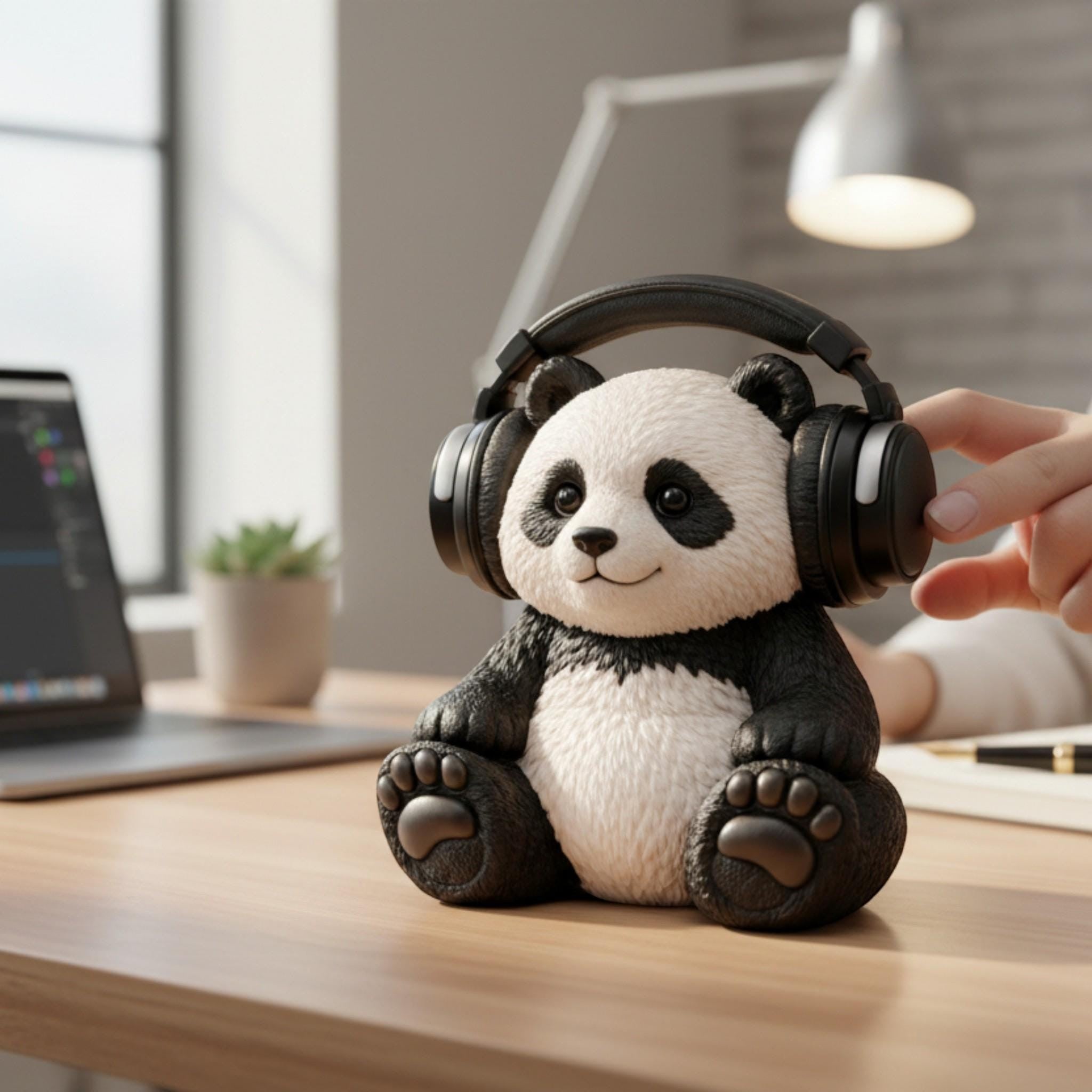 Happy3dWorld panda headphone stand made of bioplastic, holding black gaming headset on a wooden desk