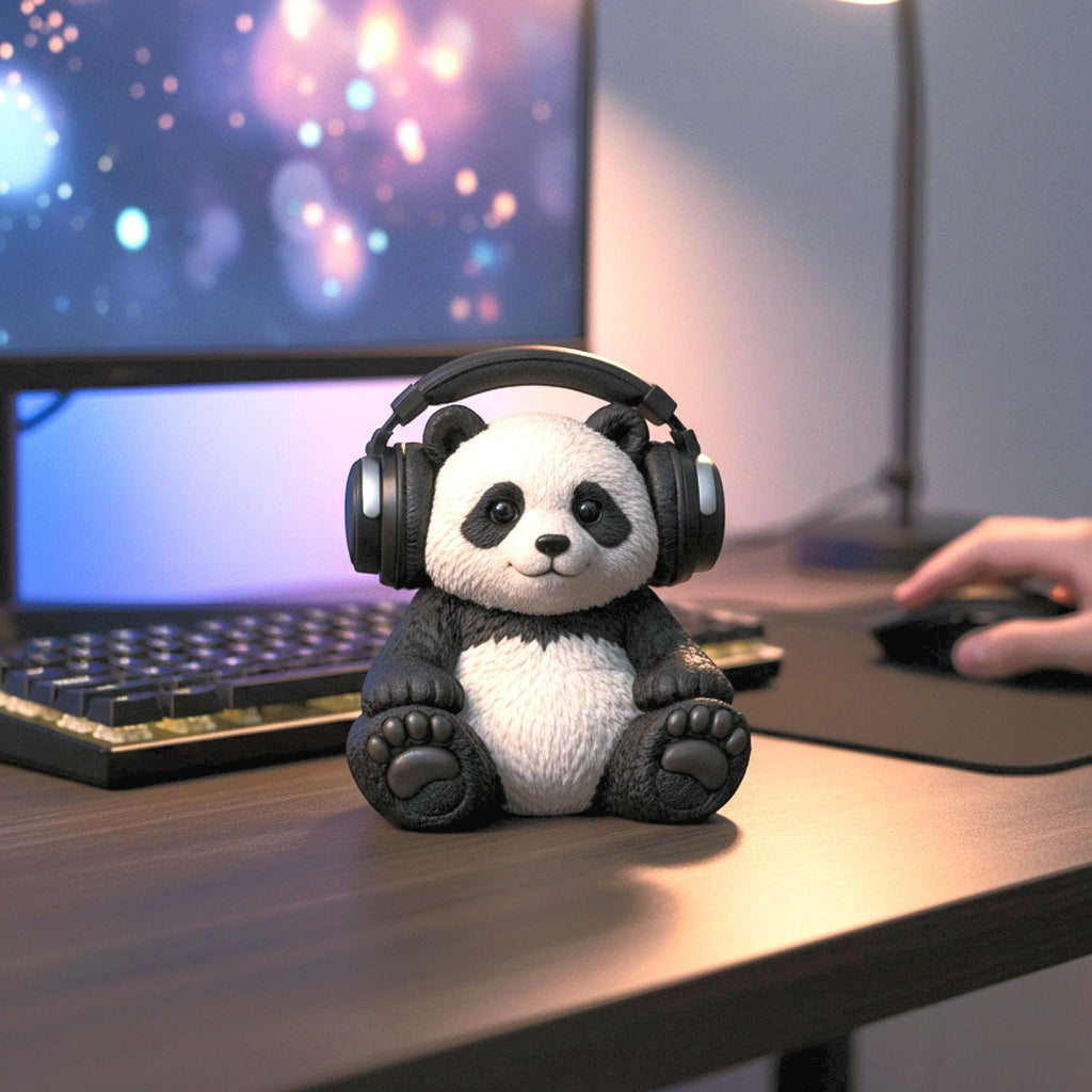 Happy3dWorld 3D printed panda headphone stand holding black gaming headset on a desk with a computer setup