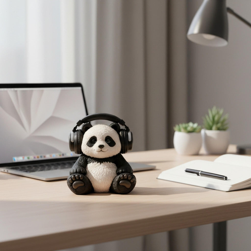 Happy3dWorld 3D printed panda headphone stand on a wooden desk with a laptop, notebook, and plants in the background.