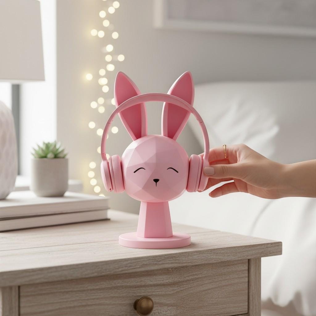 Geometric Bunny Headphone Stand – Kawaii Low-Poly Gaming Desk Decor
