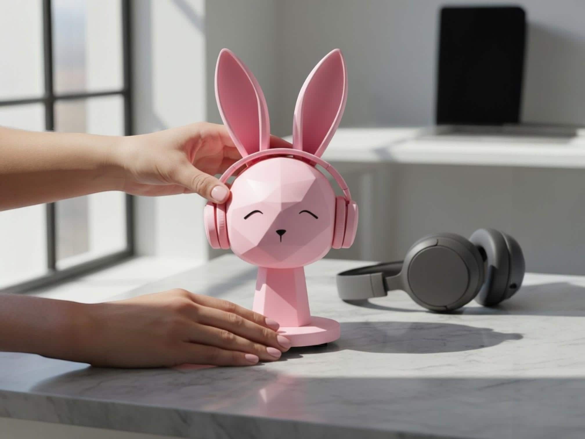 Geometric Bunny Headphone Stand – Kawaii Low-Poly Gaming Desk Decor