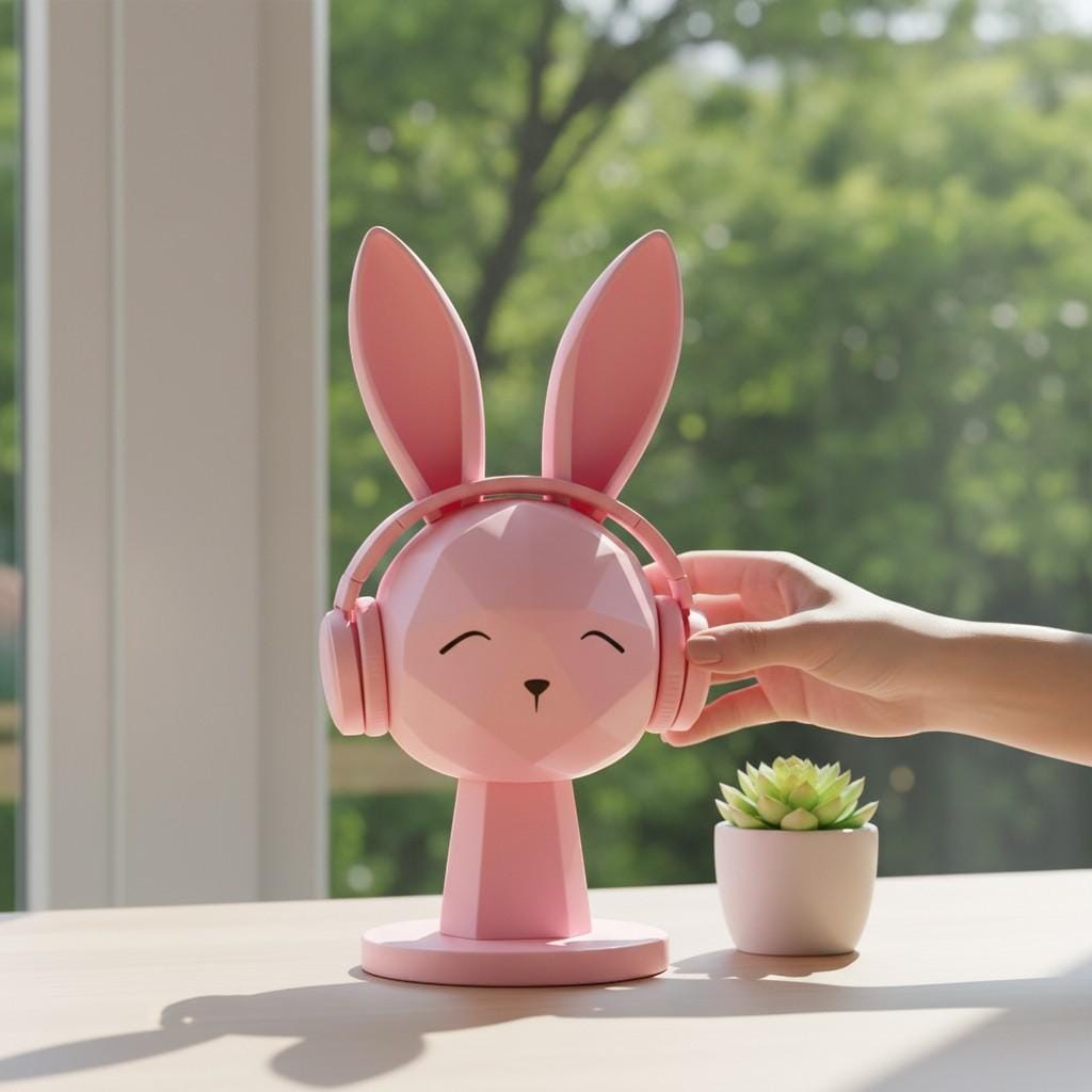 Geometric Bunny Headphone Stand – Kawaii Low-Poly Gaming Desk Decor