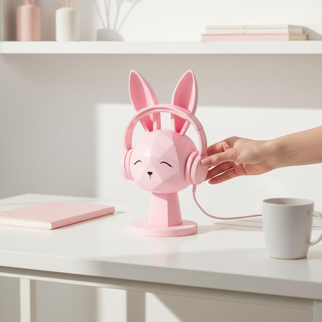 Geometric Bunny Headphone Stand – Kawaii Low-Poly Gaming Desk Decor