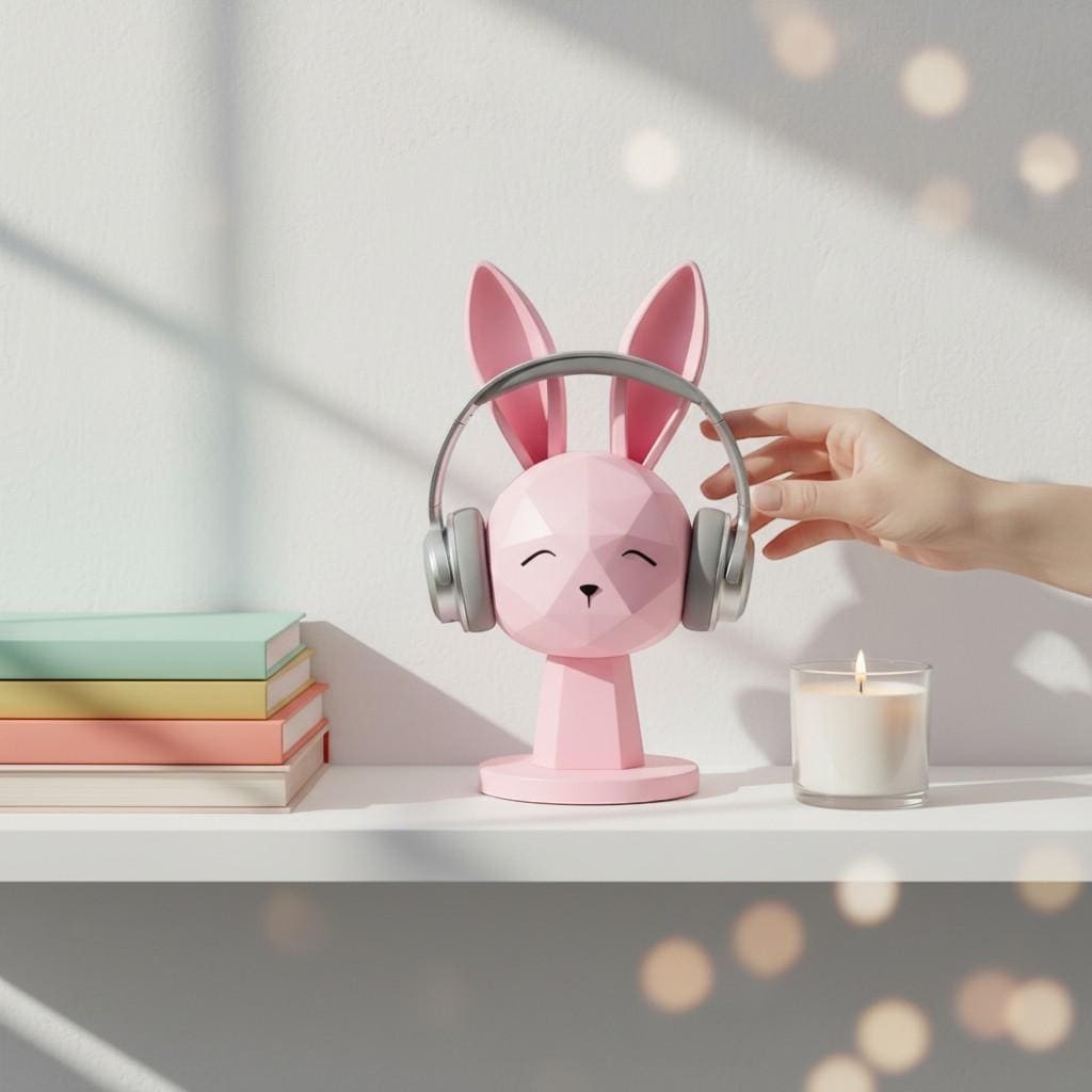 Geometric Bunny Headphone Stand – Kawaii Low-Poly Gaming Desk Decor