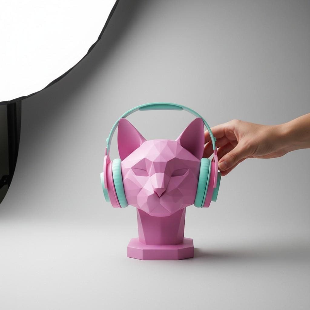 Happy3dWorld pink low-poly geometric cat headphone stand holding pastel blue and pink over-ear headphones on a desk.