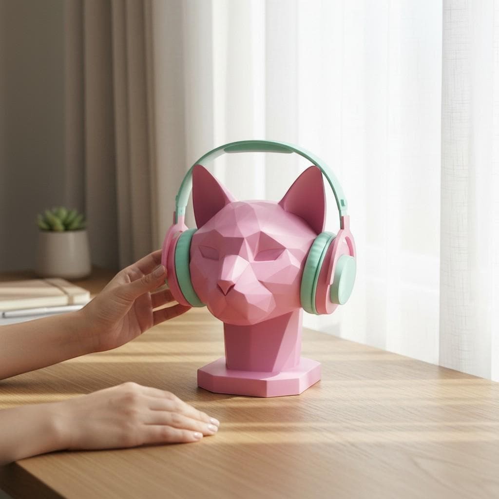 Happy3dWorld pink geometric cat headphone stand with mint green headset on a wooden desk