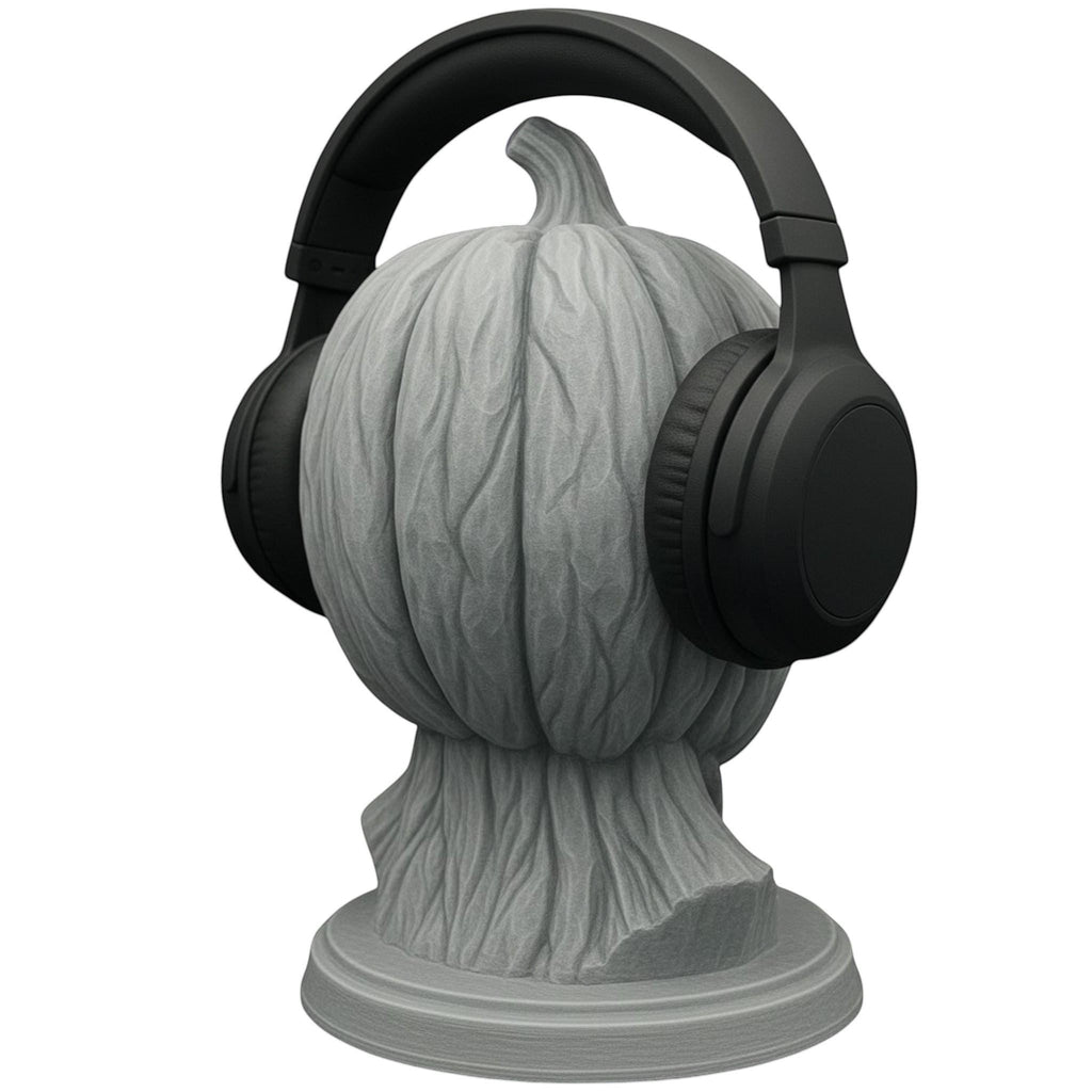 Happy3dWorld 3D printed grey pumpkin skull headphone stand with matte finish holding black over-ear headphones