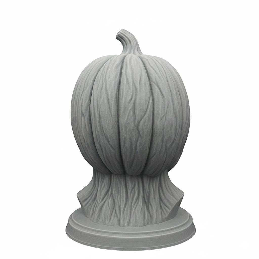 Happy3dWorld grey 3D printed pumpkin skull headphone stand with a matte finish for gothic desk decor.