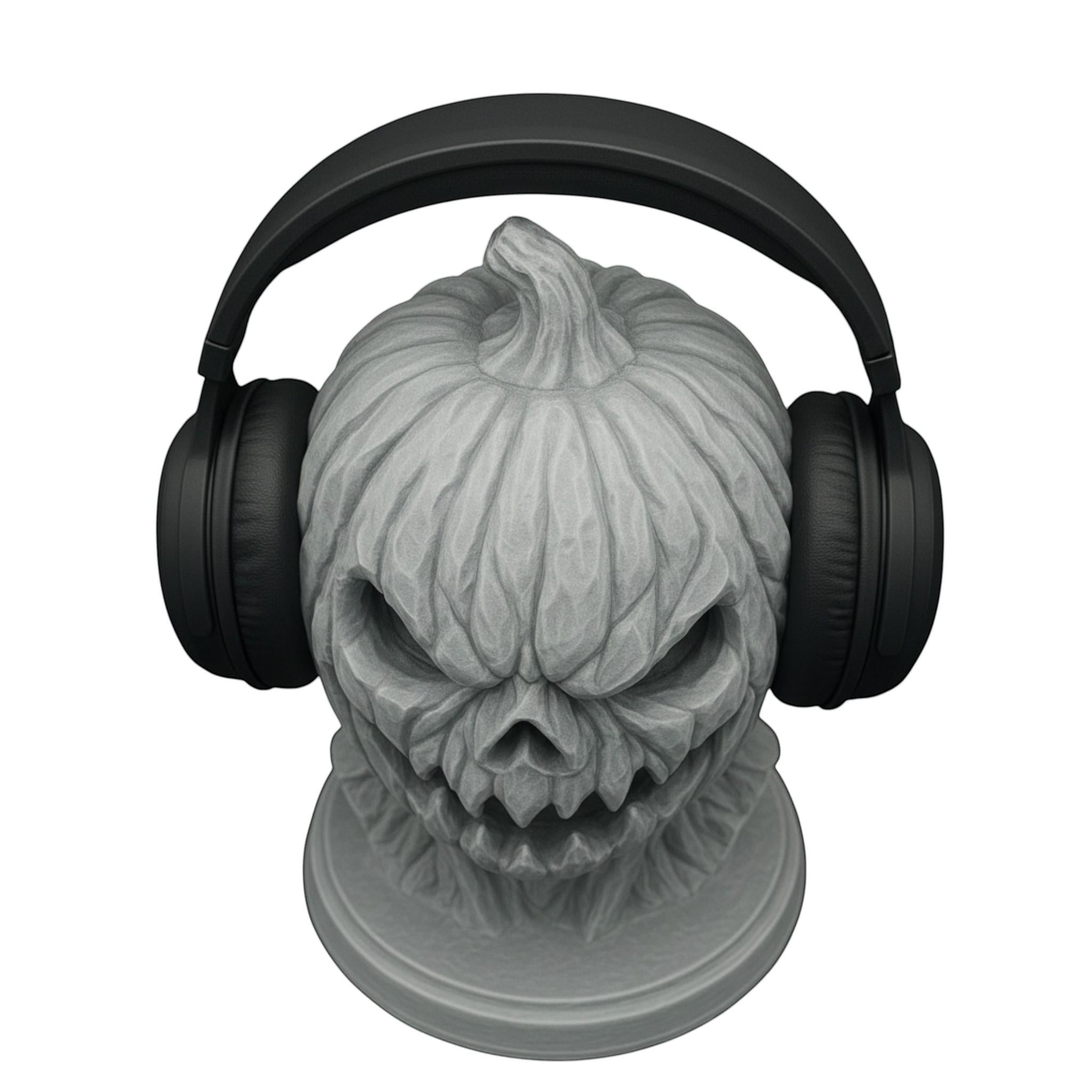 Happy3dWorld 3D printed grey pumpkin skull headphone stand with matte finish holding black over-ear headphones