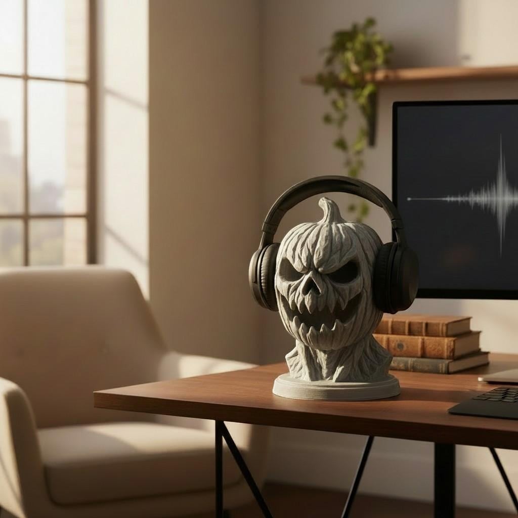 Happy3dWorld 3D printed pumpkin skull headphone stand in matte grey PLA on a wooden desk for gothic office decor.