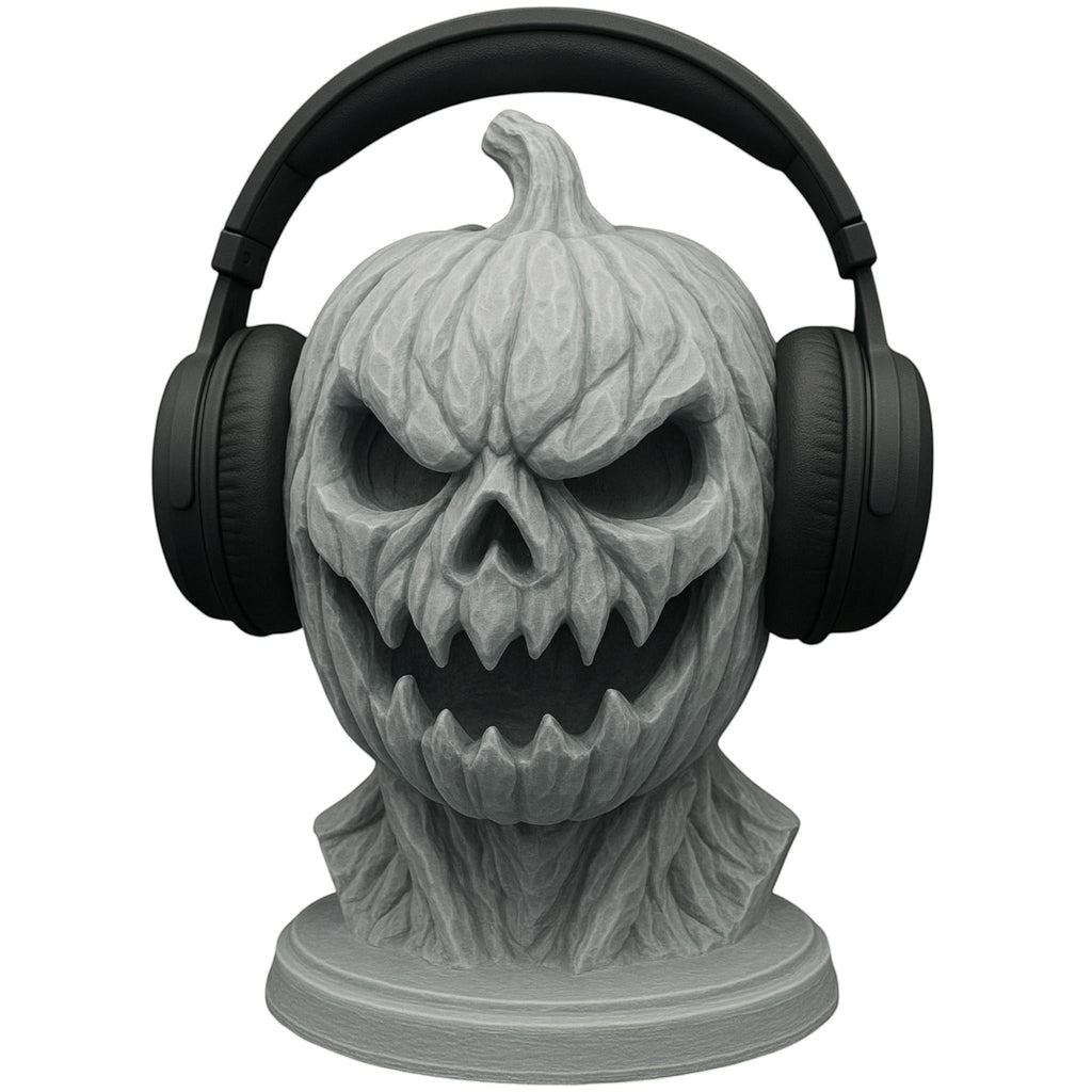 Happy3dWorld grey 3D printed pumpkin skull headphone stand with matte texture for gothic desk decor