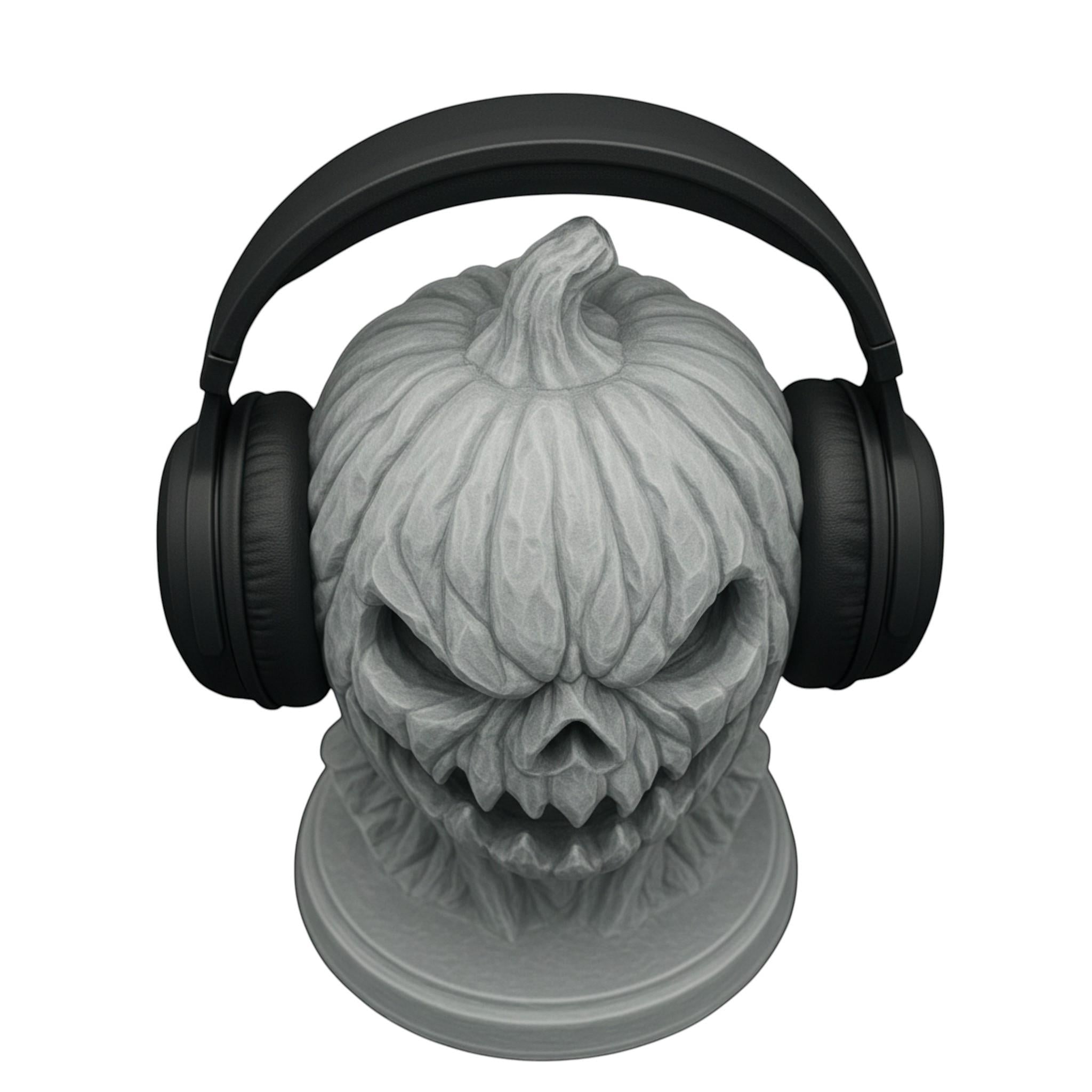 Happy3dWorld 3D printed grey pumpkin skull headphone stand with a matte finish for gothic desk decor