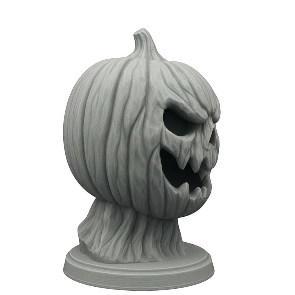 Happy3dWorld 3D printed grey pumpkin skull headphone stand with a matte finish for gothic desk decor.