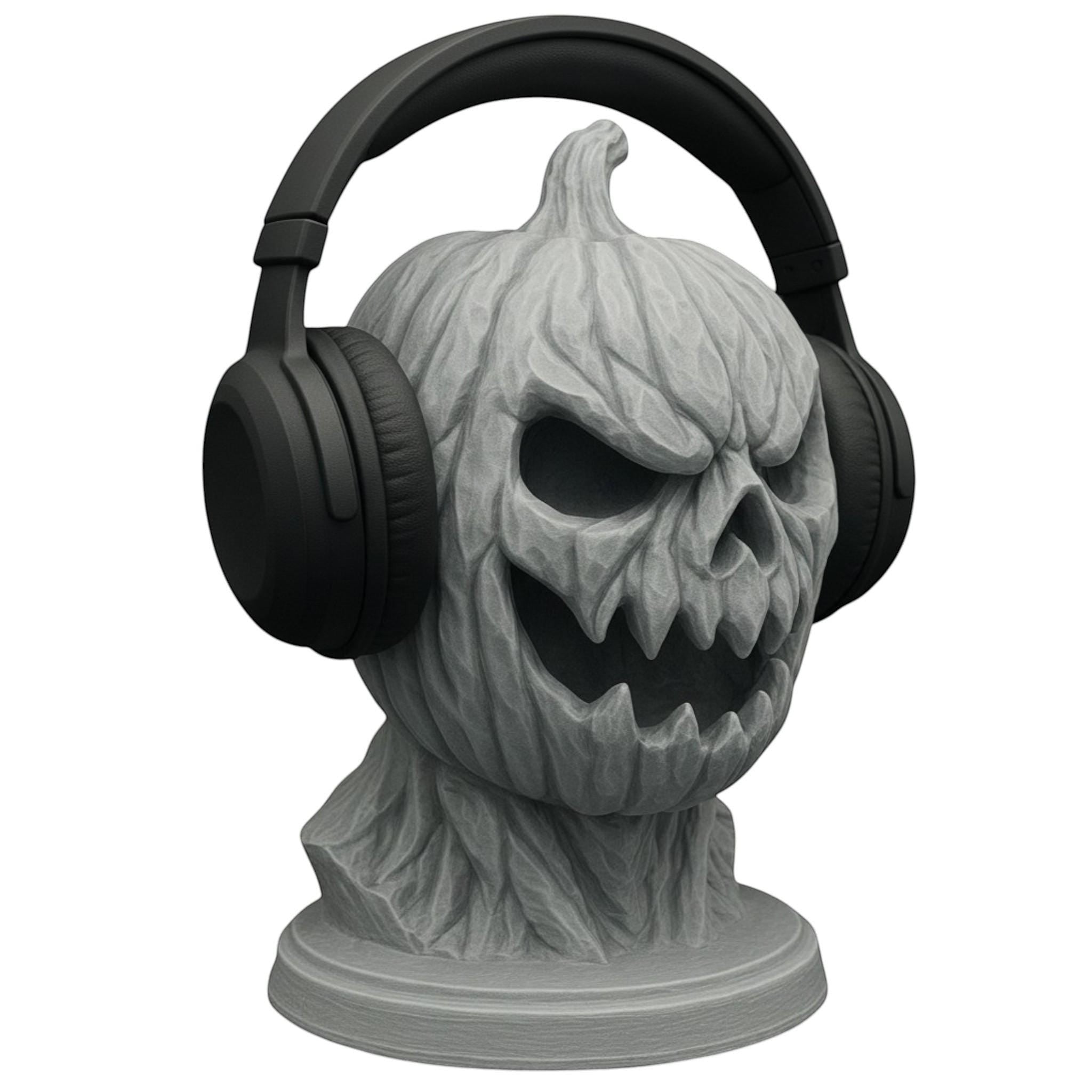 Happy3dWorld 3D printed grey pumpkin skull headphone stand with matte texture for gothic desk decor